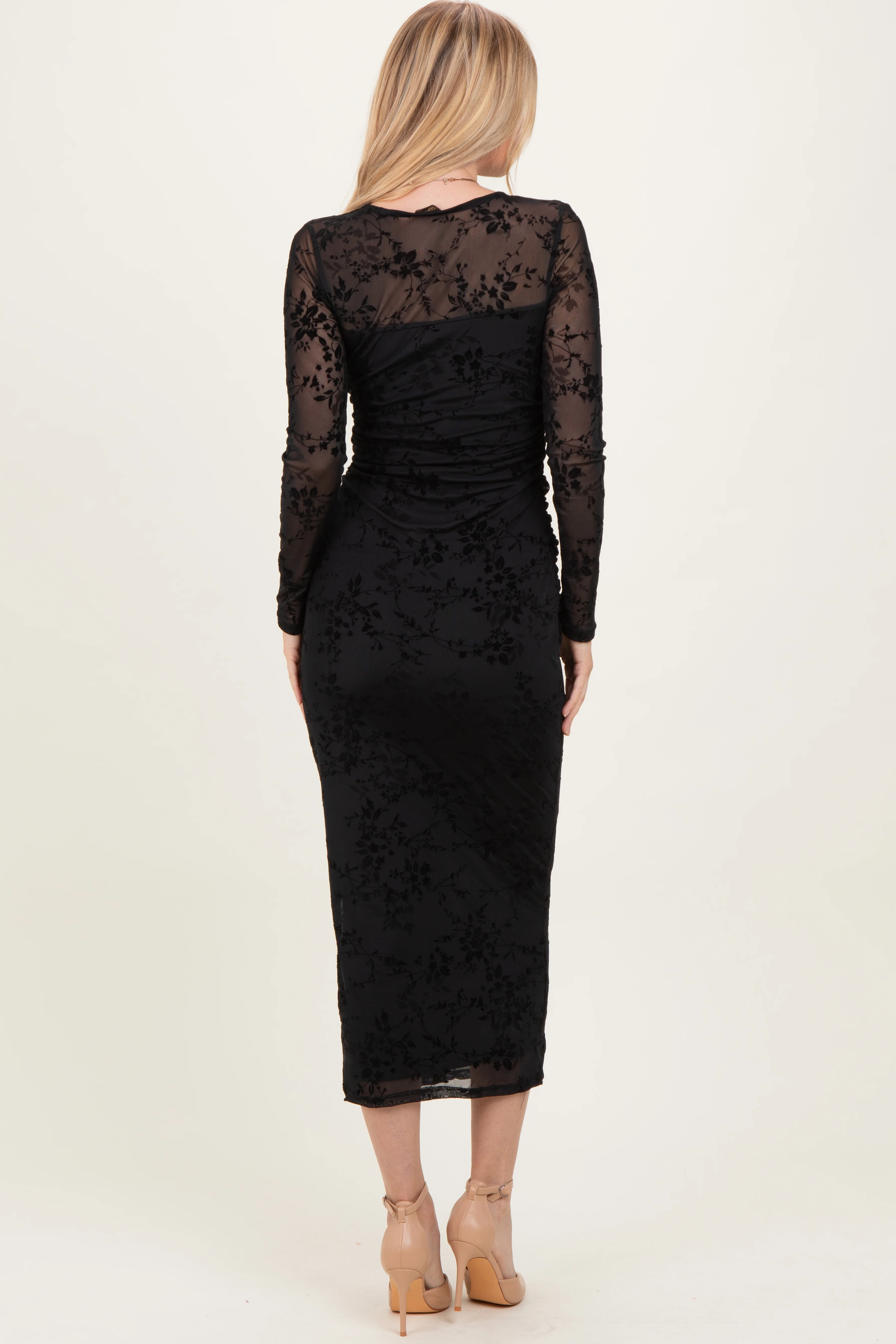 Black Floral Flocked Mesh Long Sleeve Midi Dress - Image 4