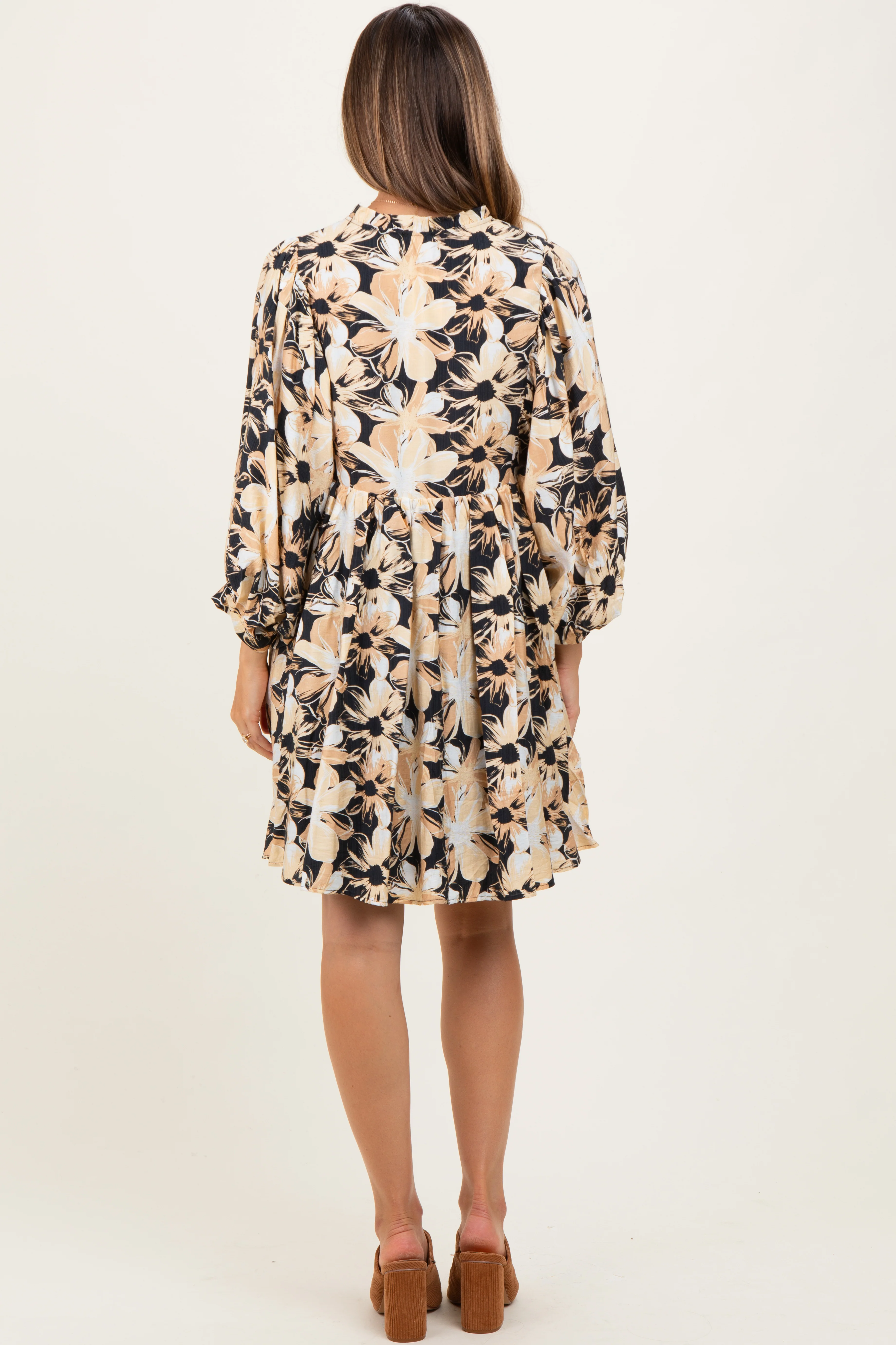 Black Floral Front Tie Bubble Sleeve Maternity Mini Dress - Image 4