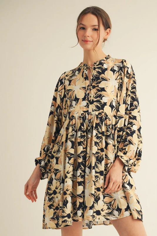 Black Floral Front Tie Bubble Sleeve Maternity Mini Dress - Image 5
