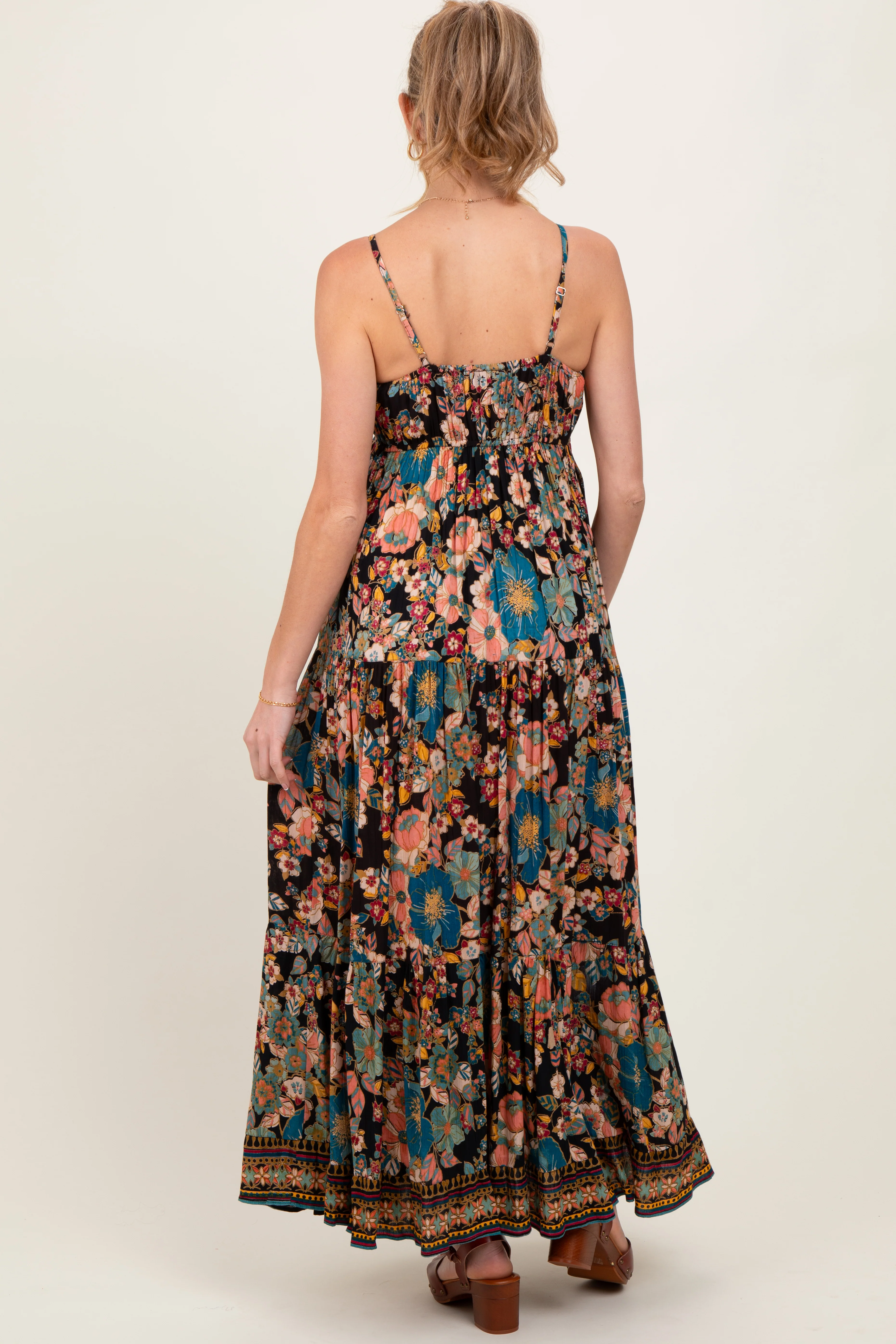 Black Floral Front Tie Tiered Maternity Maxi Dress - Image 4