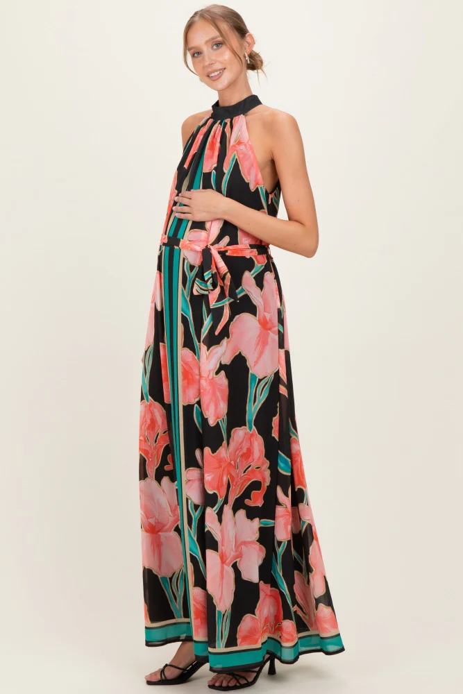 Black Floral Halter Maternity Maxi Dress - Image 3