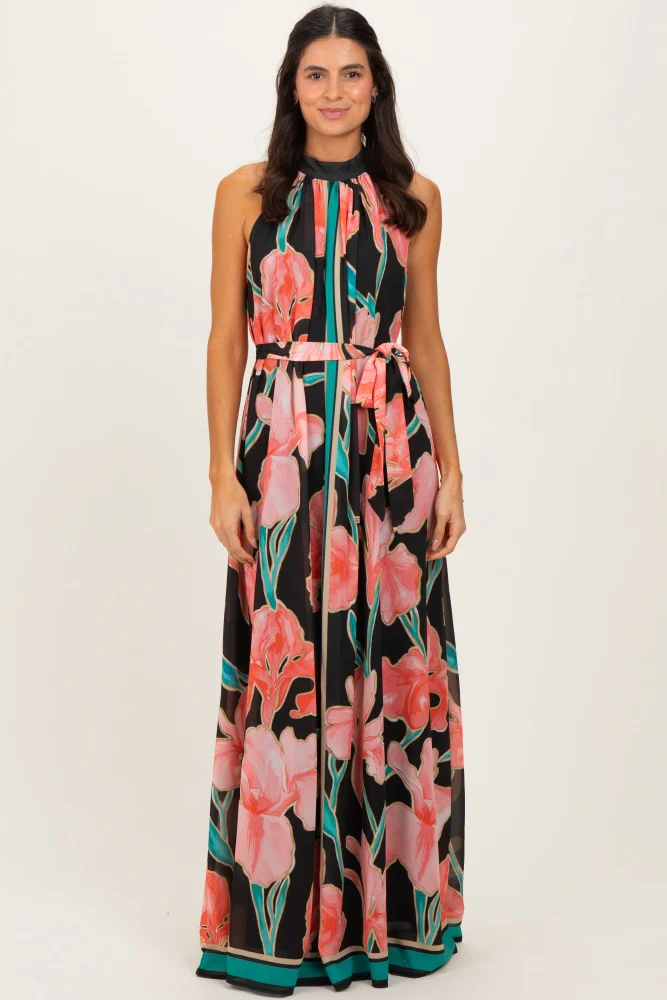 Black Floral Halter Maternity Maxi Dress - Image 5