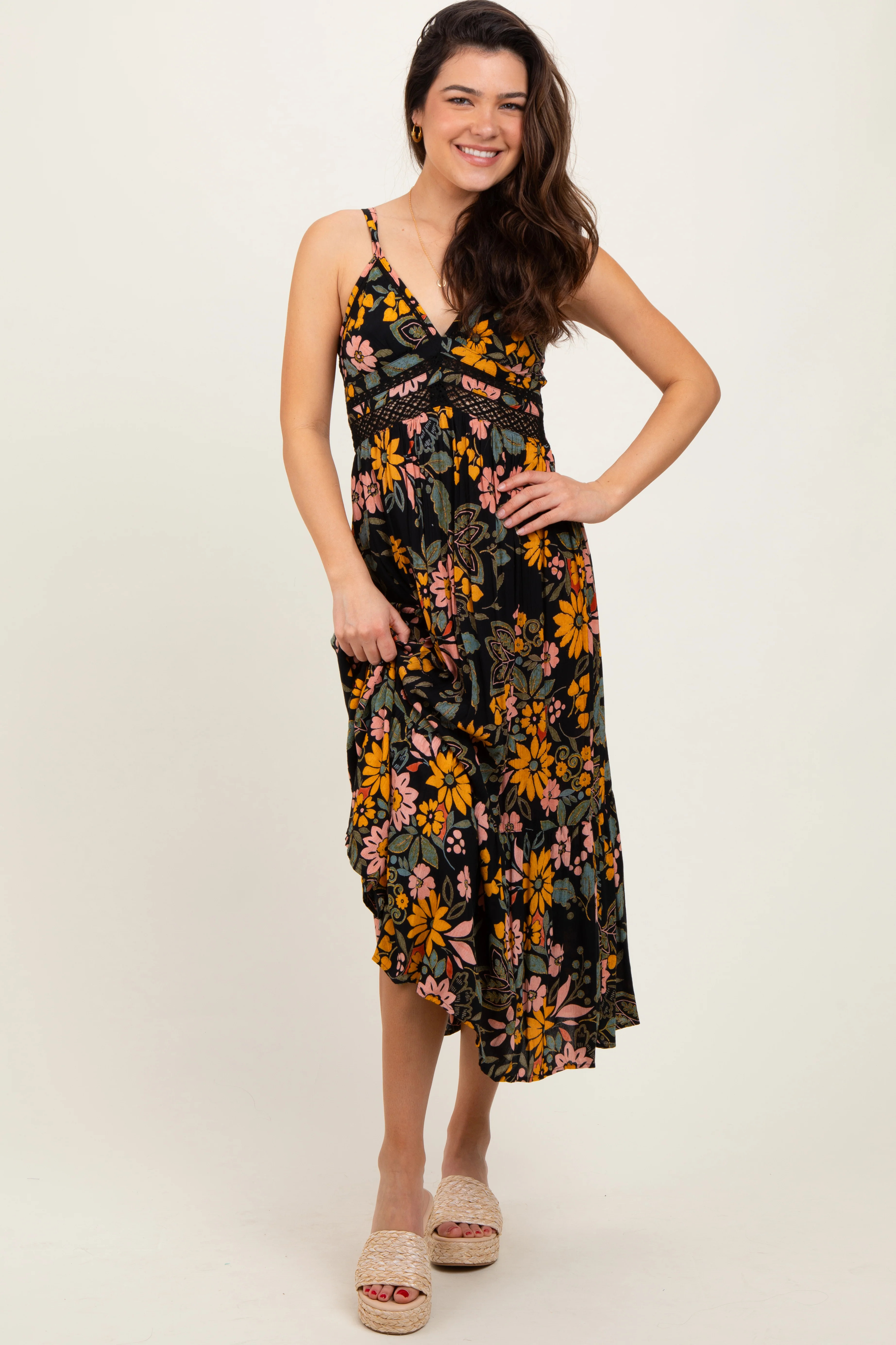 Black Floral Lace Inset Midi Dress - Image 2