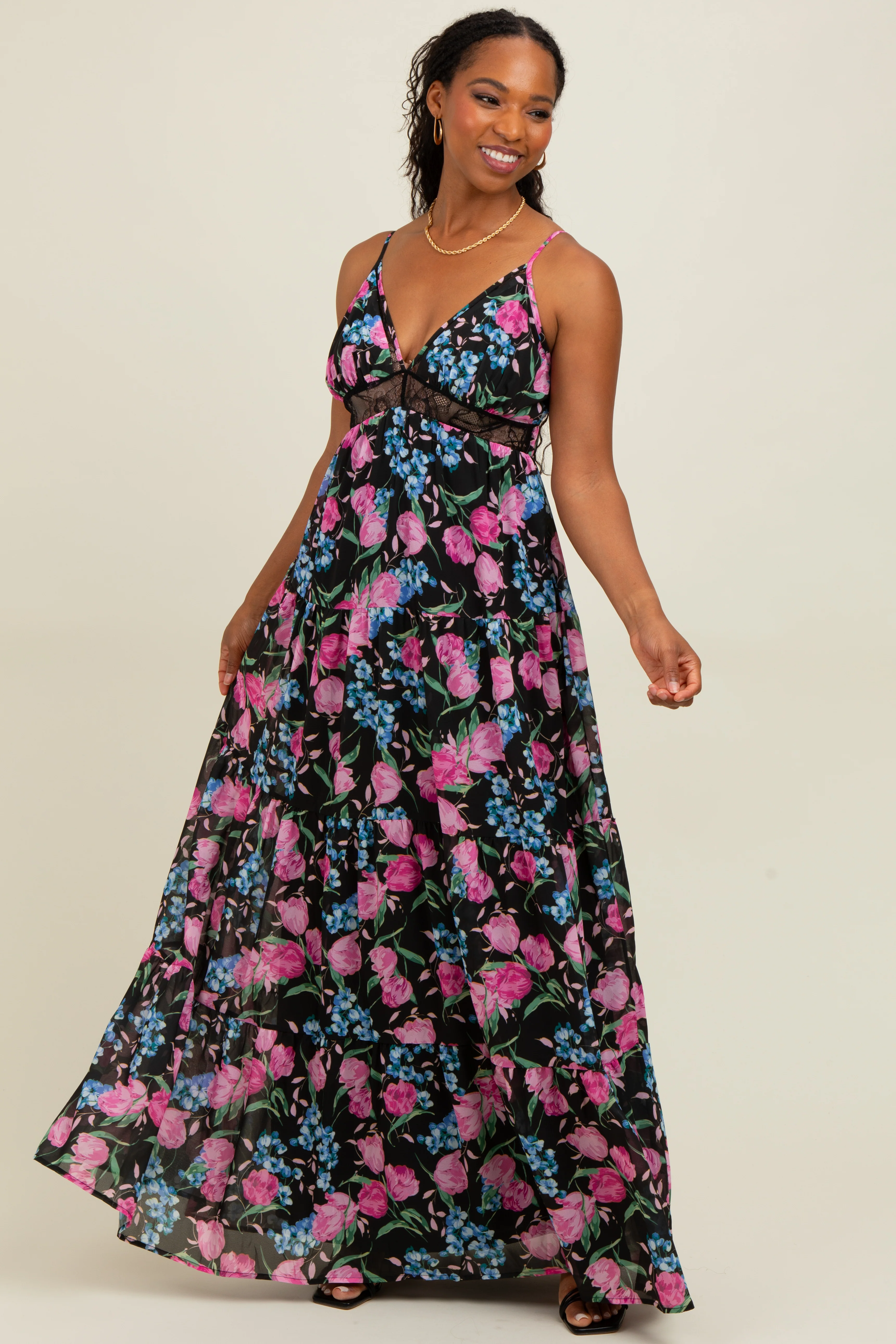 Black Floral Lace Inset Tiered Maxi Dress - Image 2
