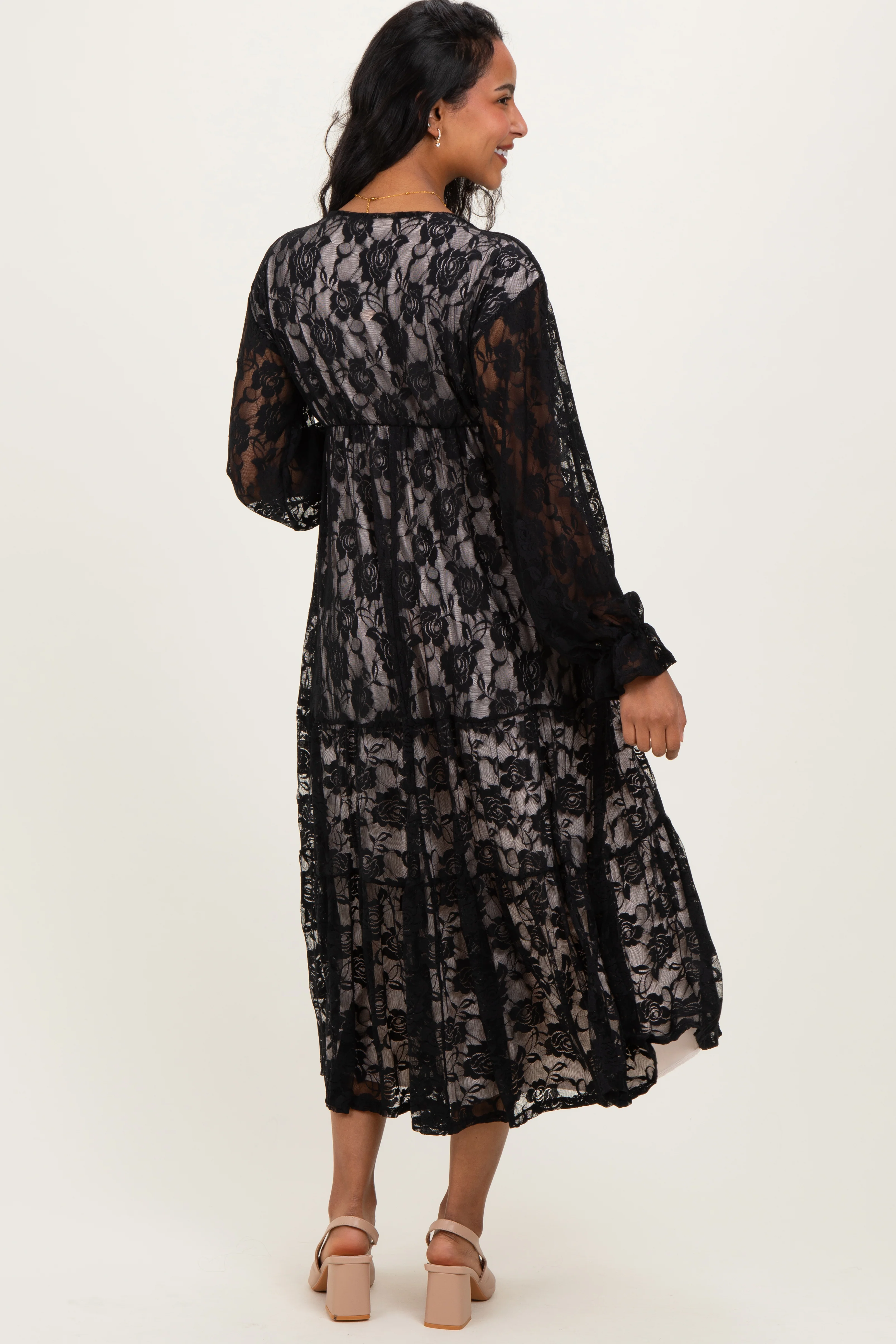 Black Floral Lace Long Sleeve V-Neck Maternity Maxi Dress - Image 3