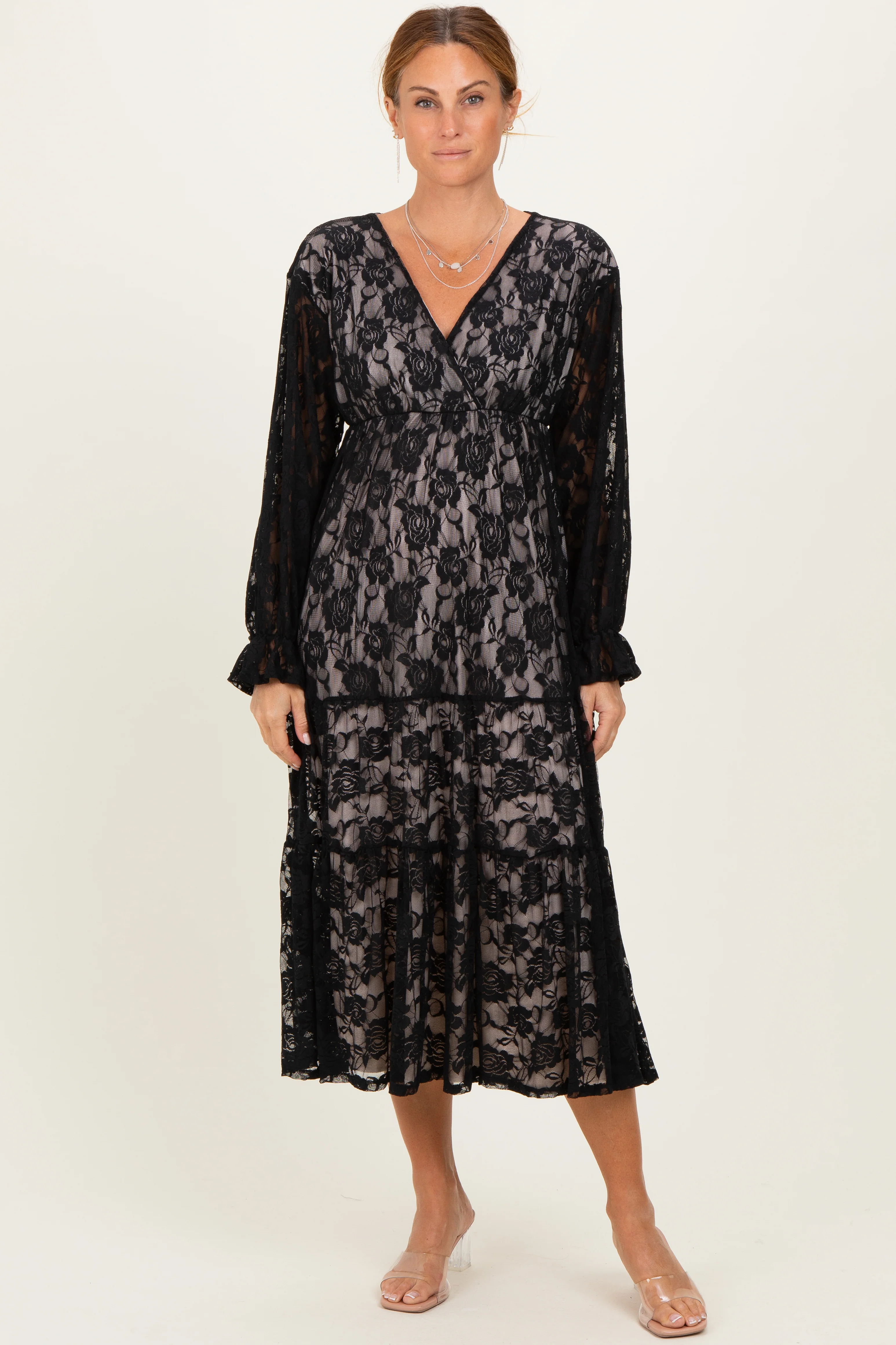 Black Floral Lace Long Sleeve V-Neck Maternity Maxi Dress - Image 4