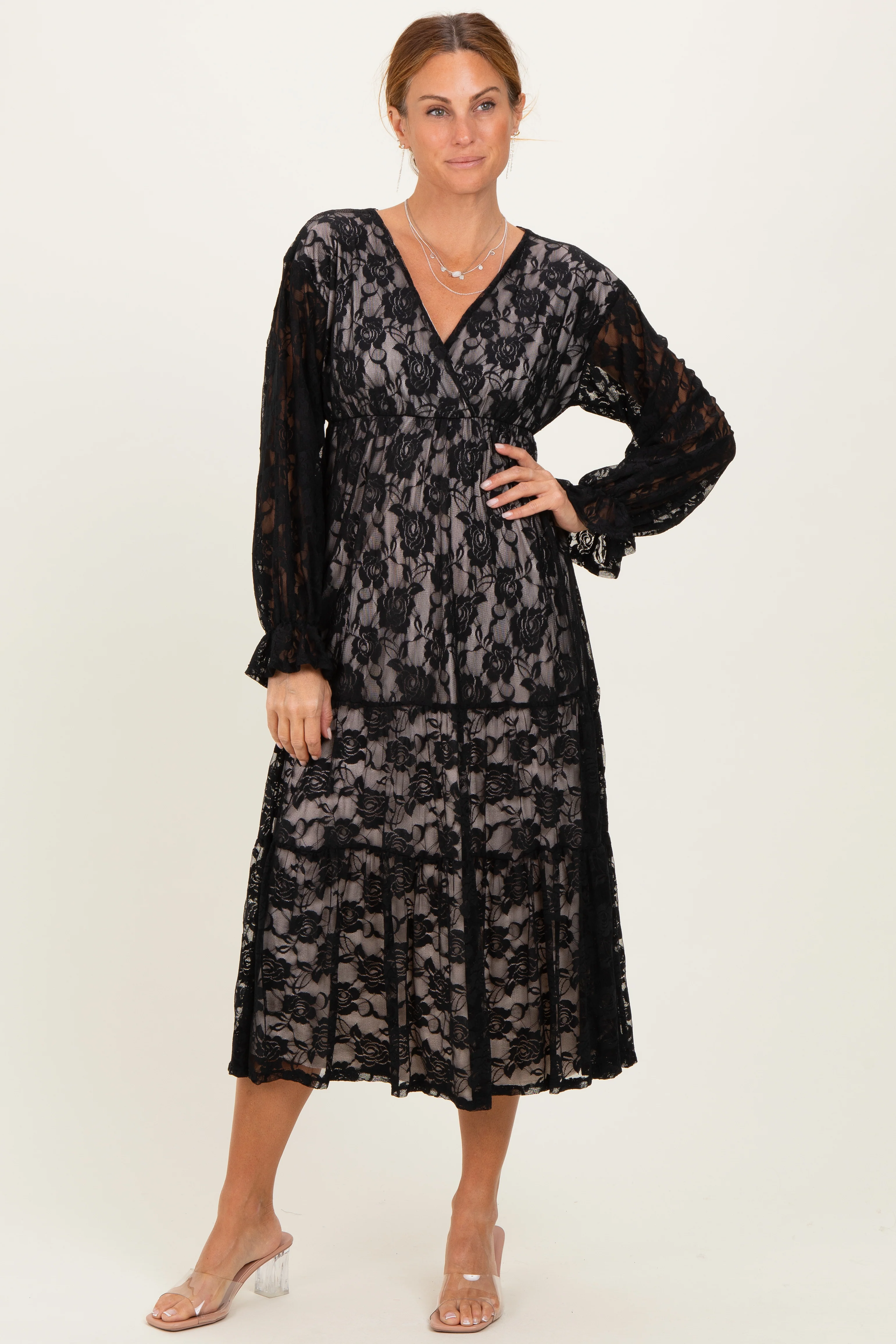 Black Floral Lace Long Sleeve V-Neck Maxi Dress - Image 2