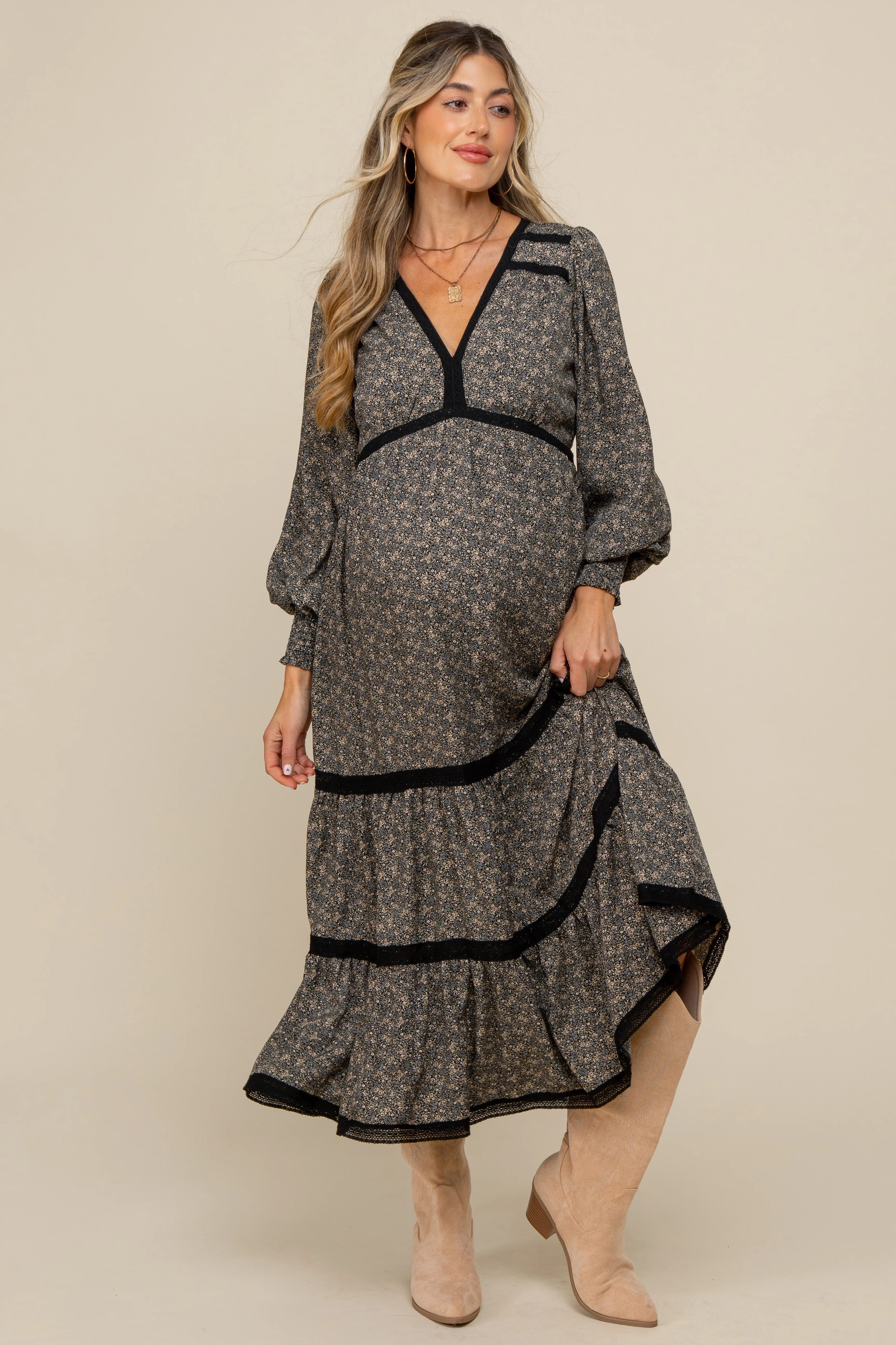 Black Floral Lace Trim Bubble Sleeve Maternity Maxi Dress - Image 5