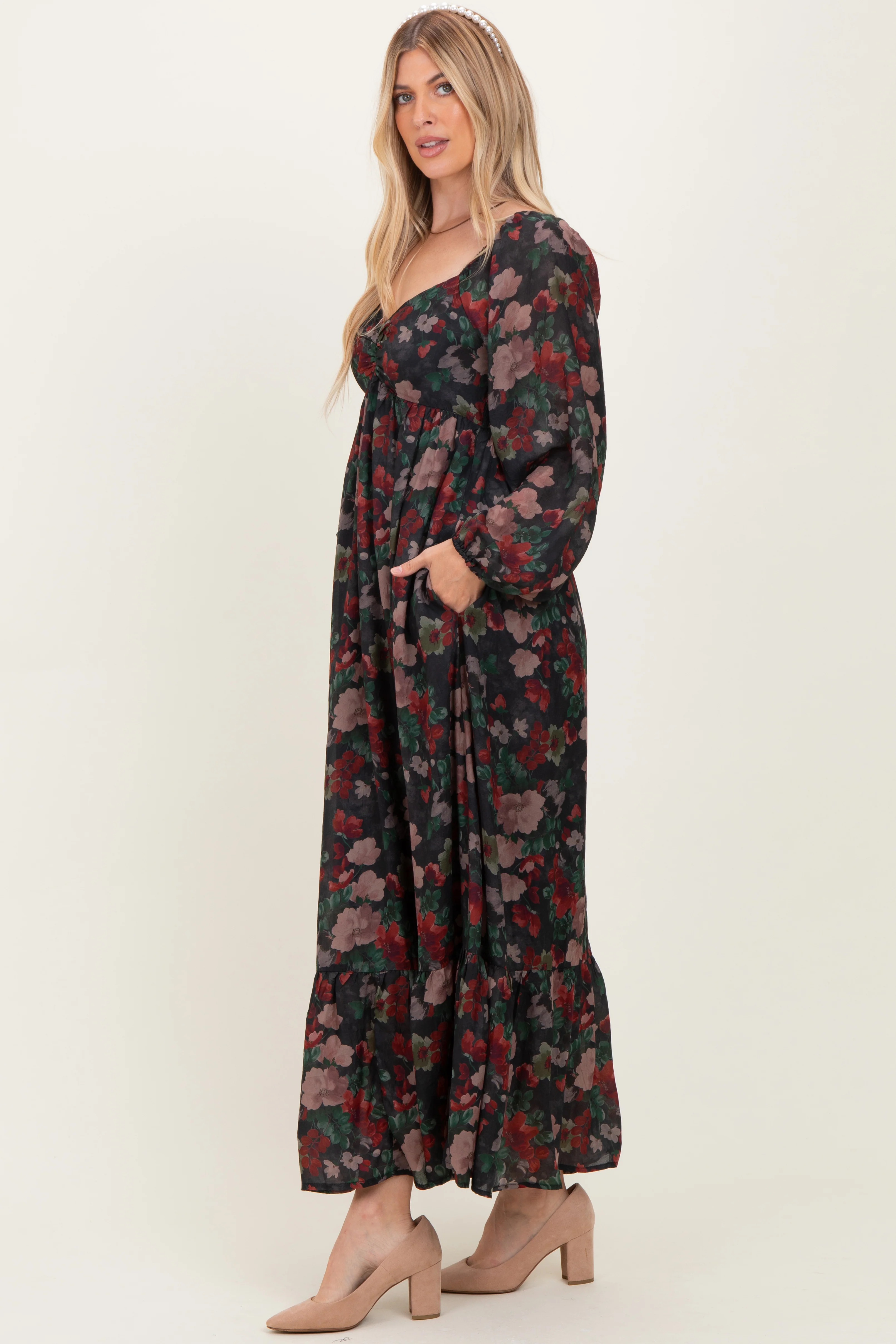 Black Floral Long Balloon Sleeve Sweetheart Neck Maxi Dress - Image 2