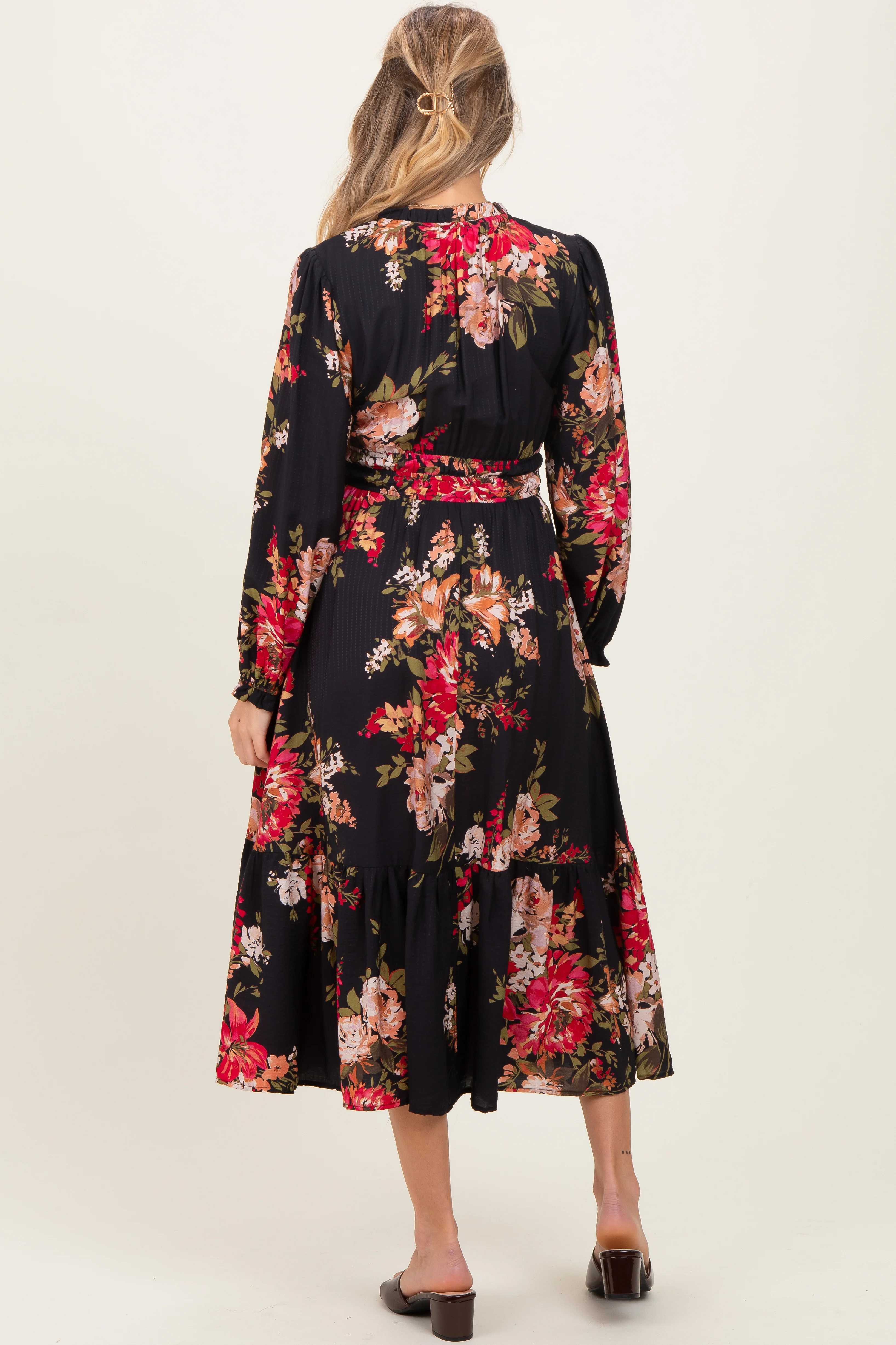 Black Floral Long Sleeve Maternity Midi Dress - Image 3