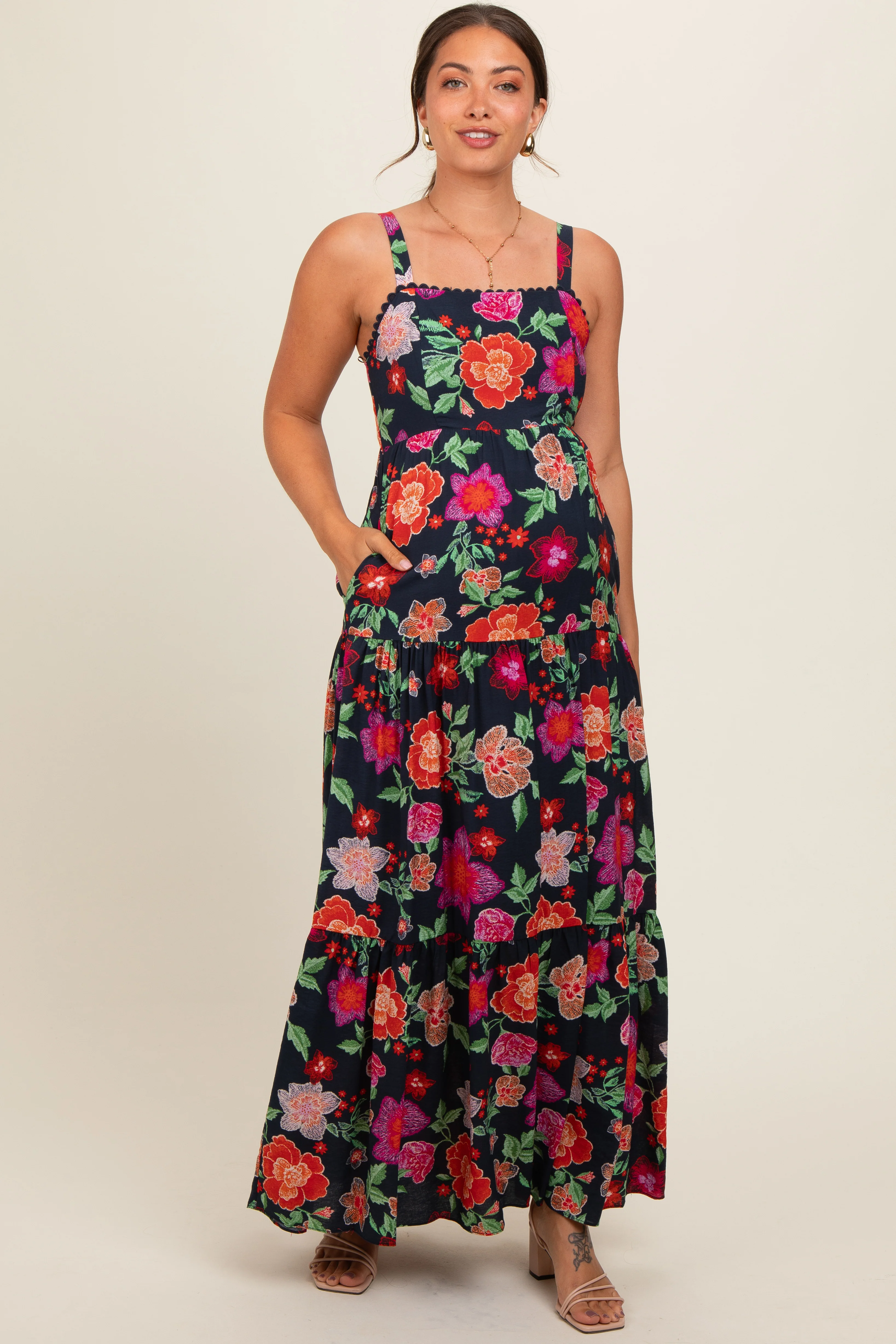 Black Floral Maternity Maxi Dress - Image 2