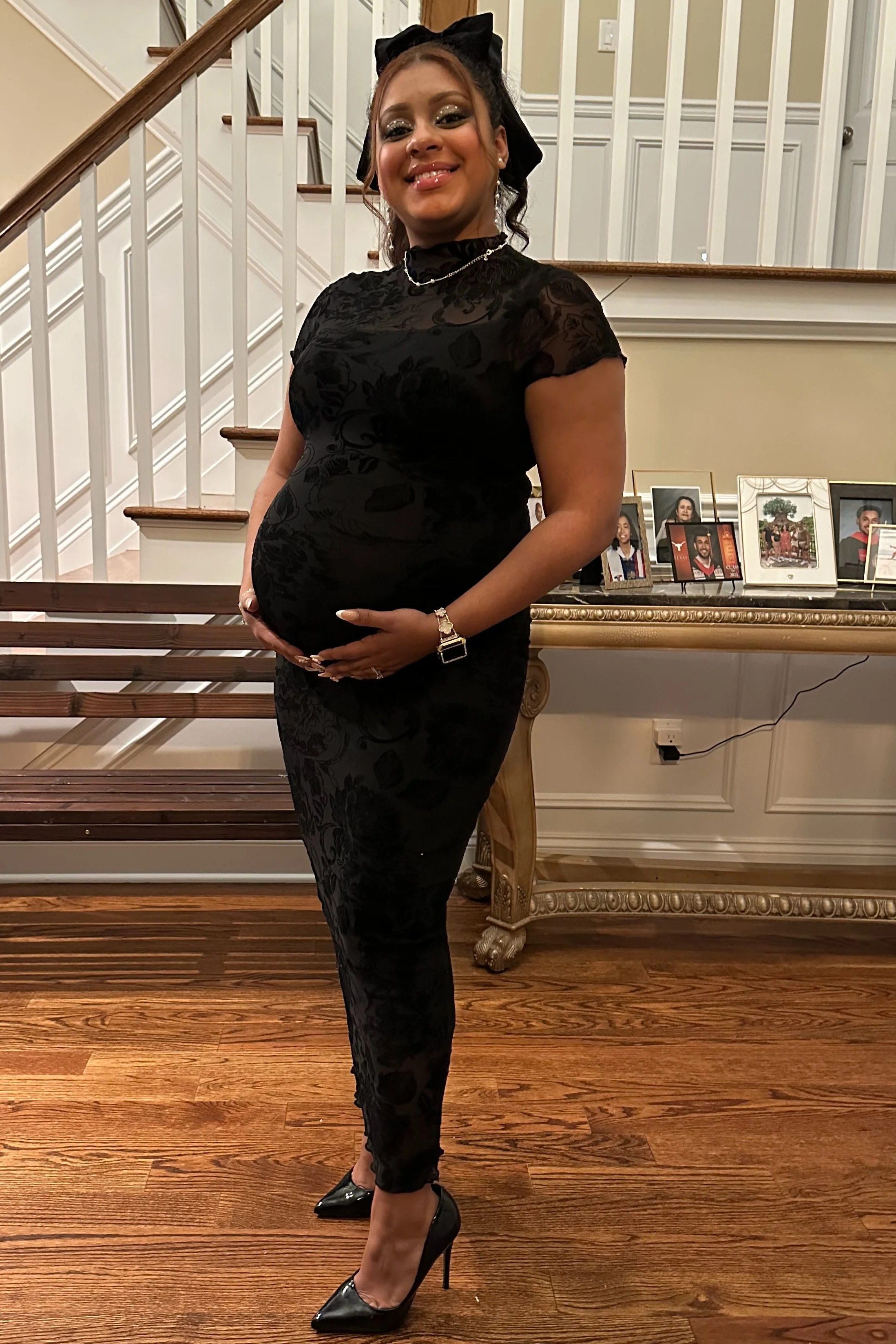 Black Floral Mesh Overlay Fitted Maternity Maxi Dress - Image 5