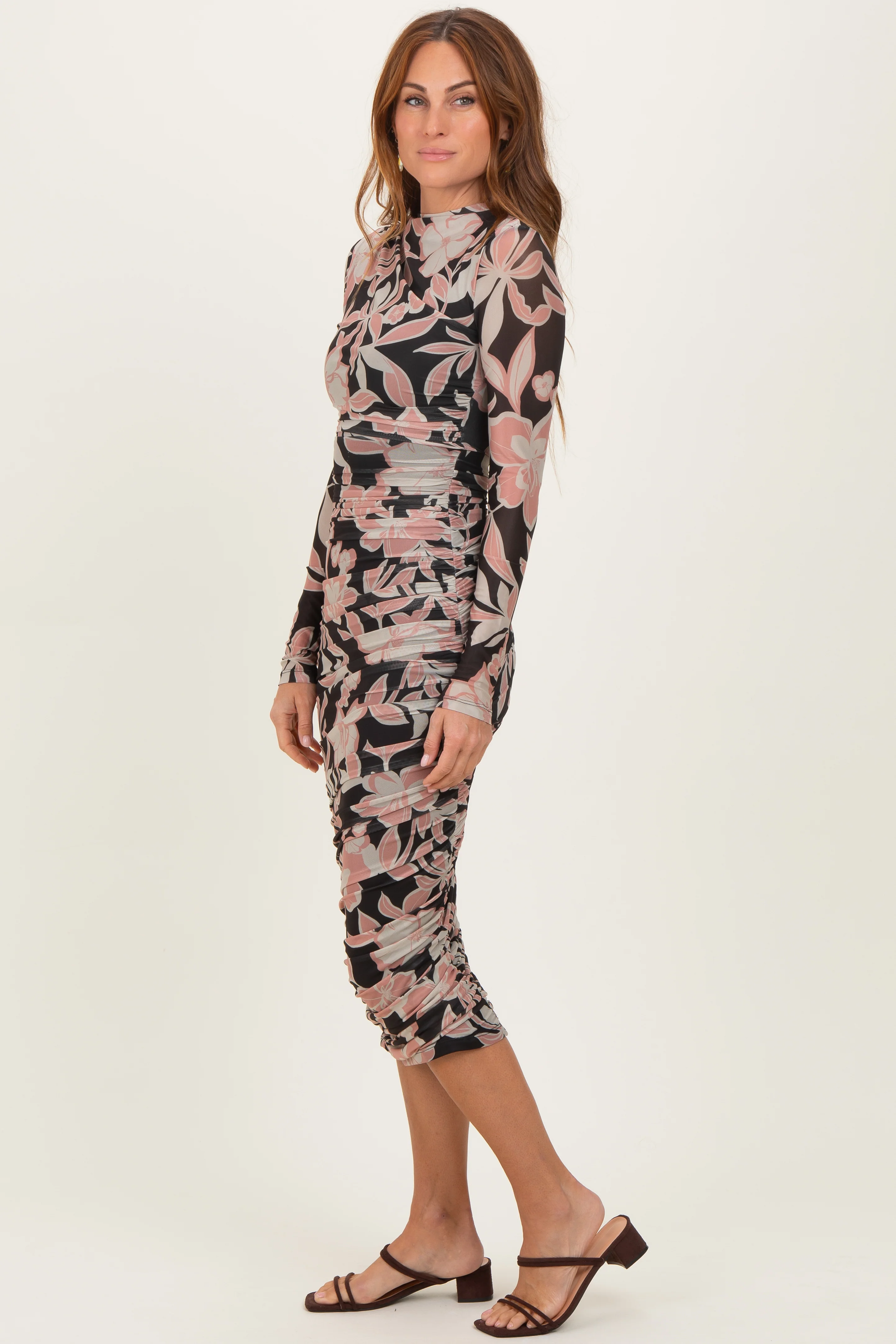 Black Floral Mesh Ruched Long Sleeve Midi Dress - Image 3