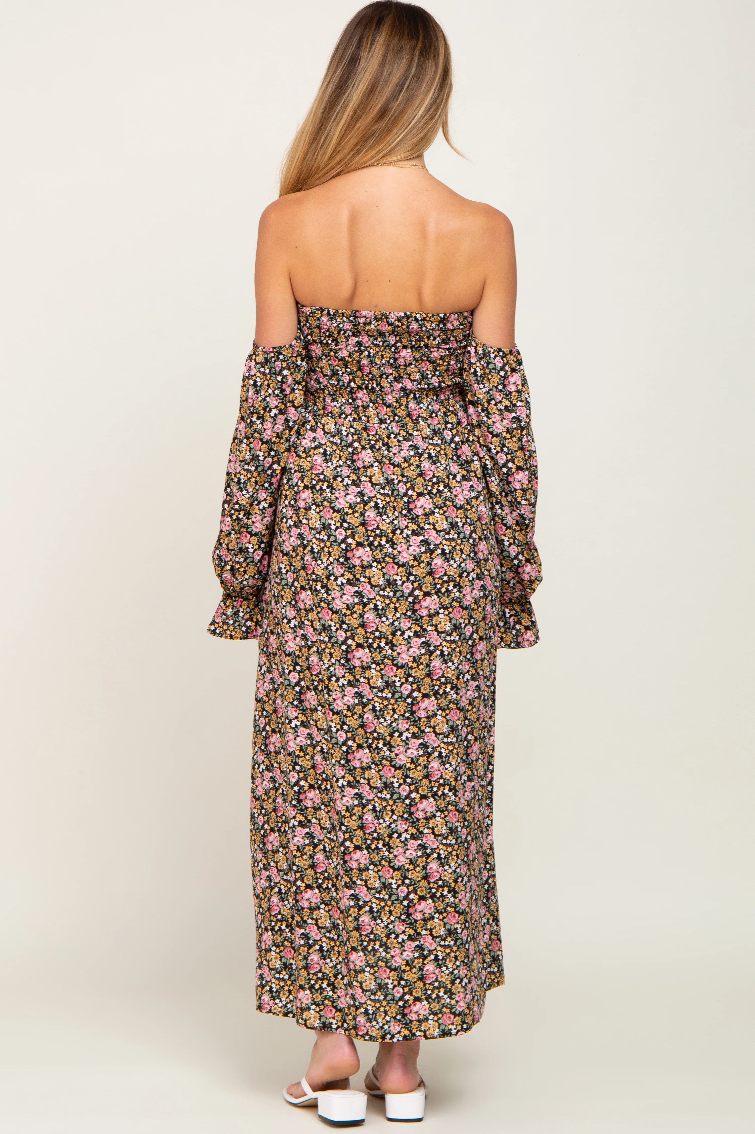 Black Floral Off Shoulder Long Sleeve Maternity Maxi Dress - Image 3