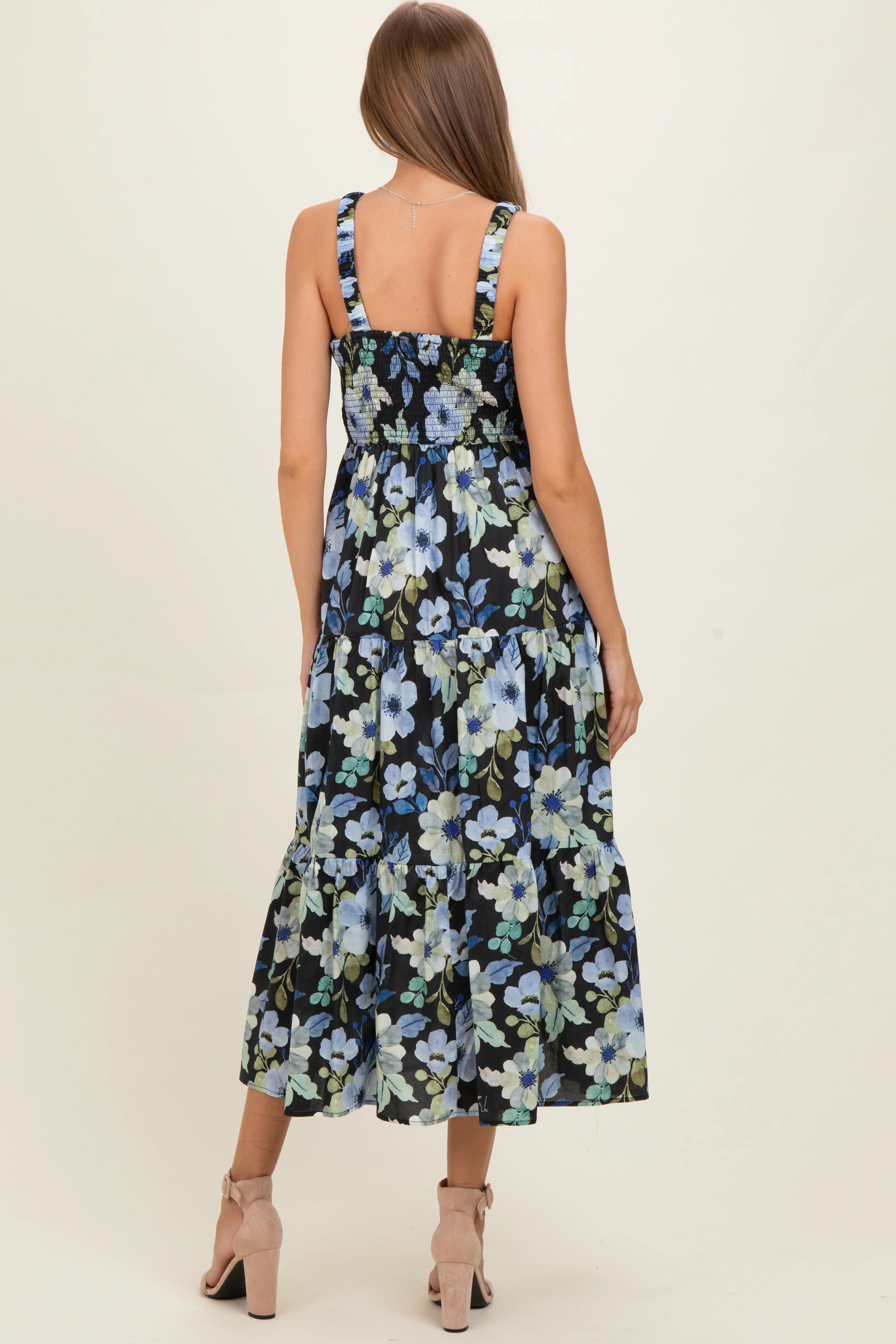 Black Floral Pleated Bust Tiered Maternity Maxi Dress - Image 4