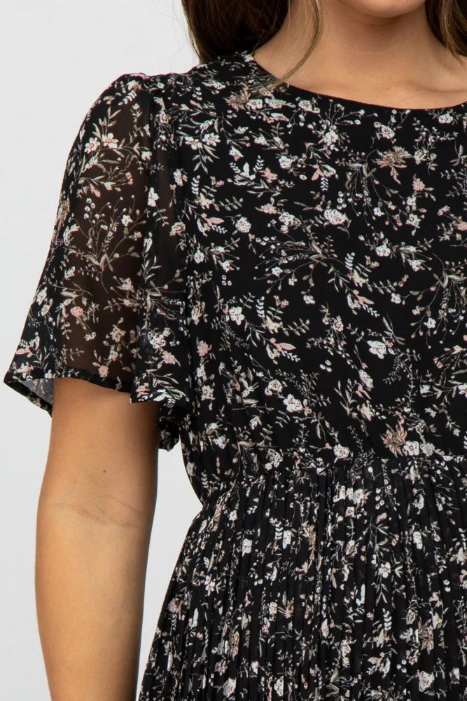 Black Floral Pleated Short Sleeve Chiffon Maternity Midi Dress - Image 5