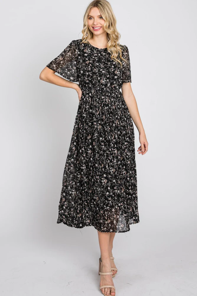 Black Floral Pleated Short Sleeve Chiffon Midi Dress - Image 4