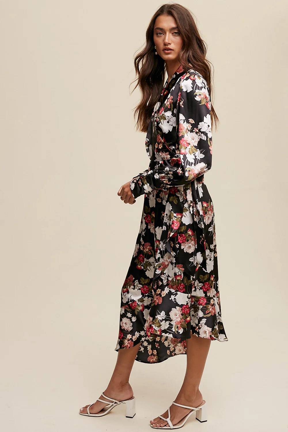 Black Floral Print Long Seeve Satin Wrap Midi Dress - Image 3