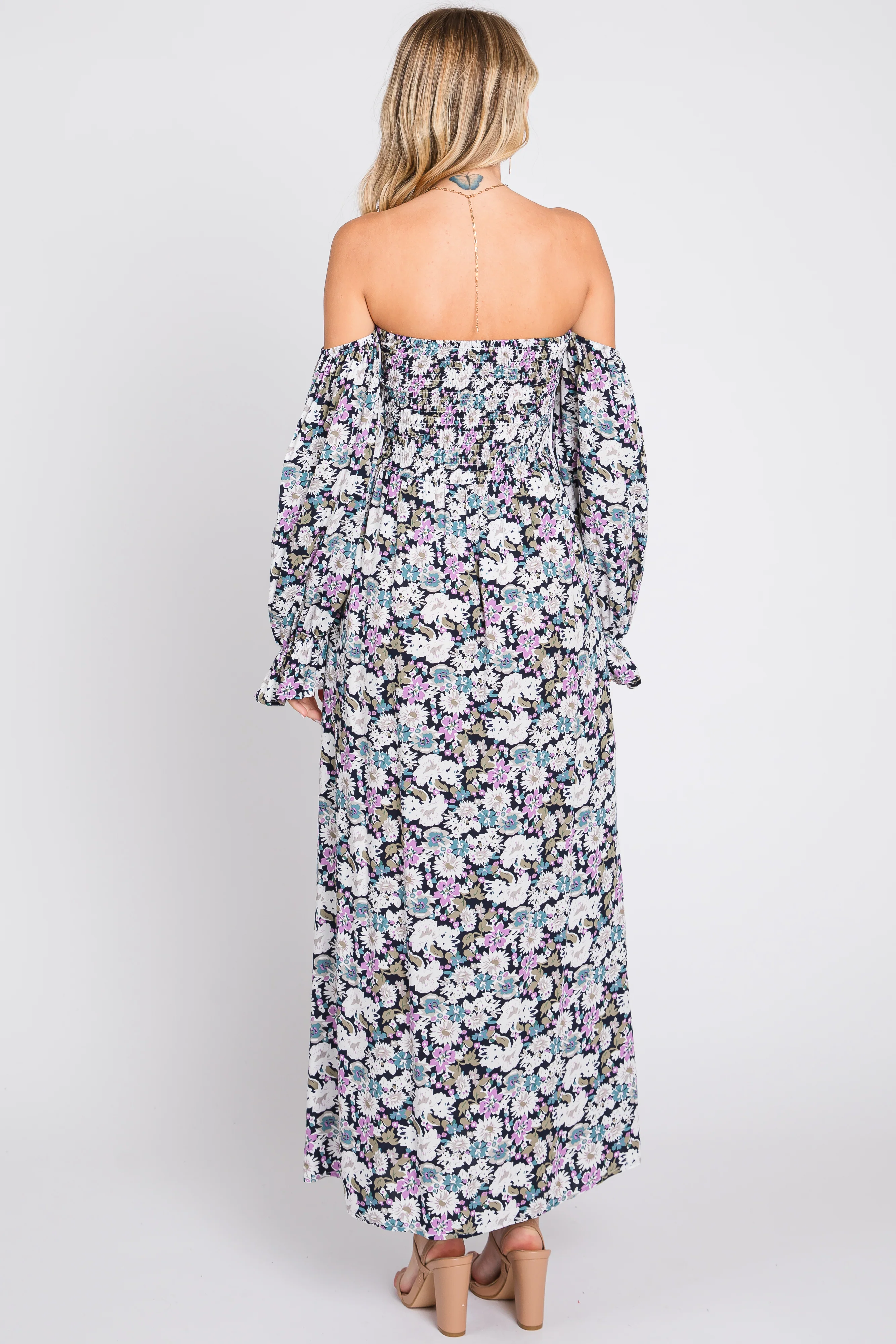 Black Floral Print Off Shoulder Smocked Maxi Dress - Image 3