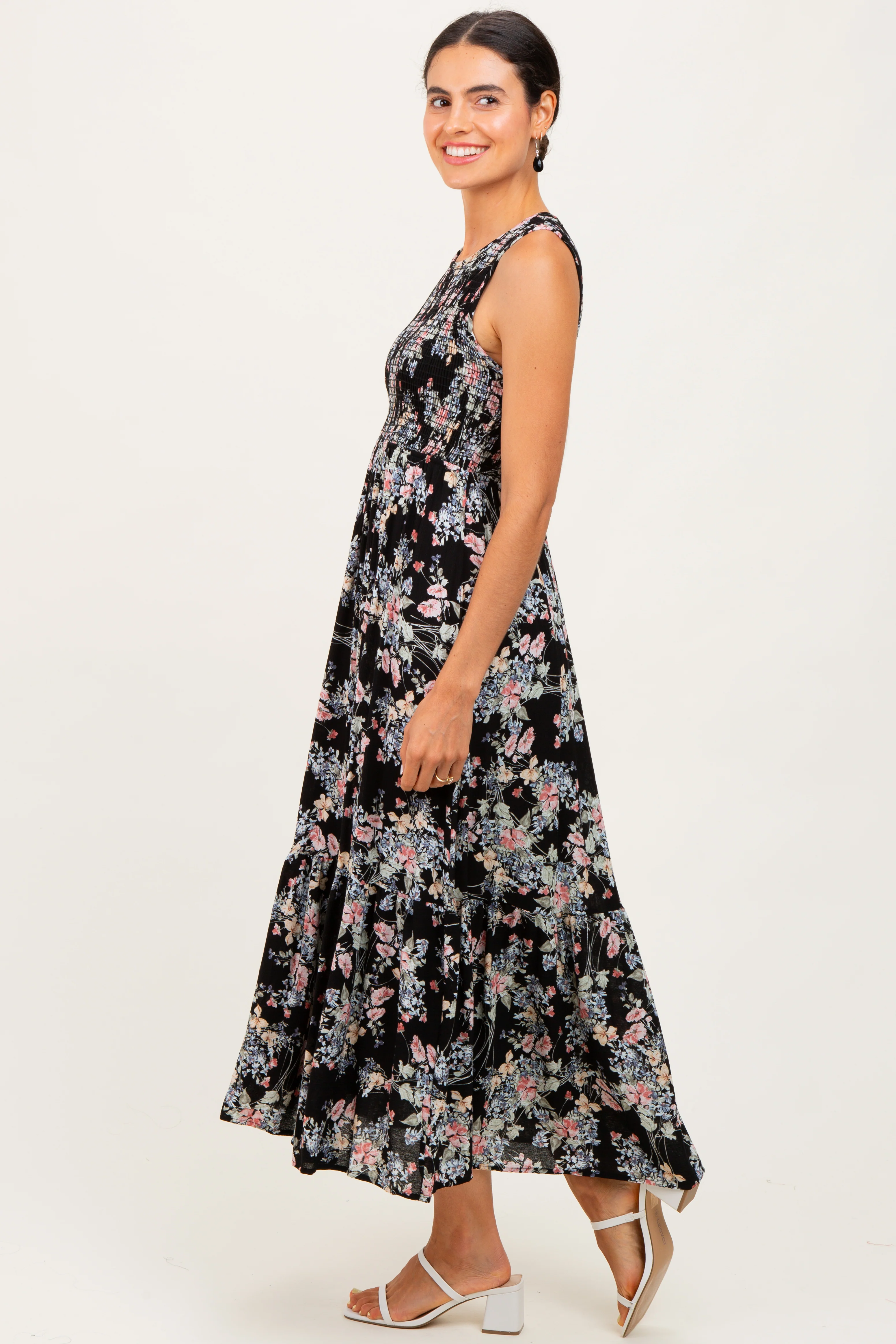 Black Floral Print Smocked Top Sleeveless Tiered Maxi Dress - Image 3