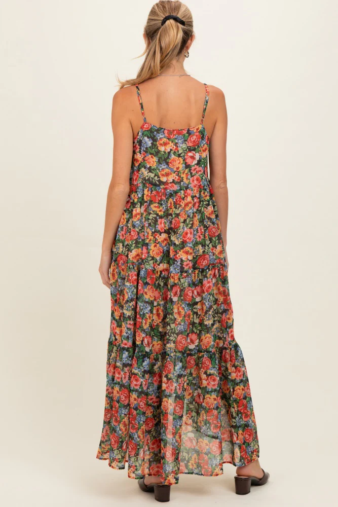 Black Floral Print V-Neck Tiered Maternity Maxi Dress - Image 3