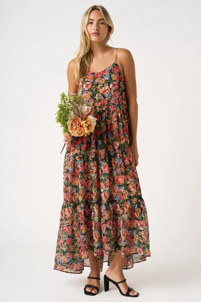 Black Floral Print V-Neck Tiered Maternity Maxi Dress - Image 5