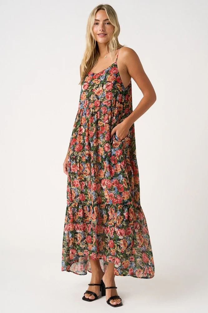 Black Floral Print V-Neck Tiered Maxi Dress - Image 3
