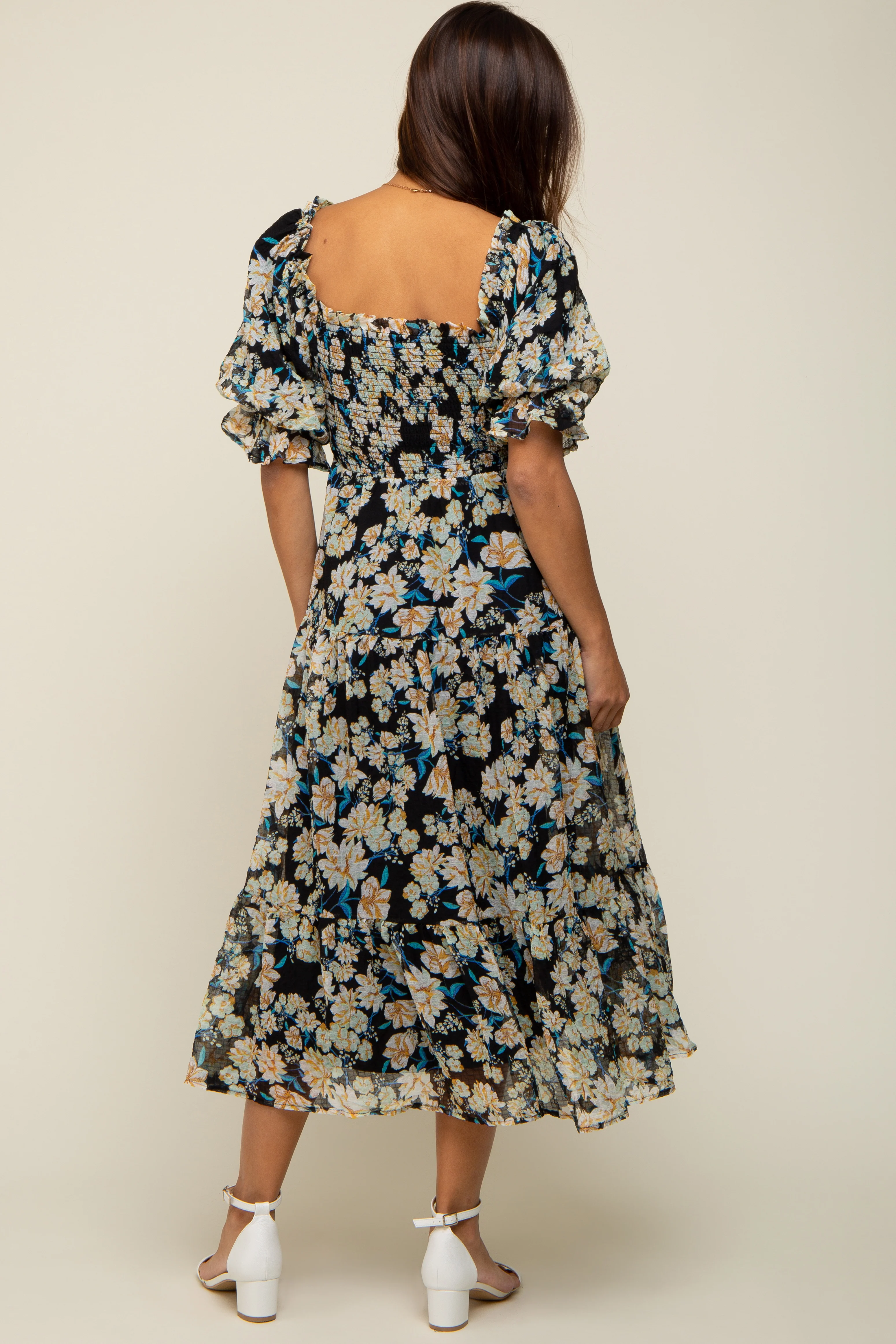 Black Floral Puff Sleeve Maternity Midi Dress - Image 4