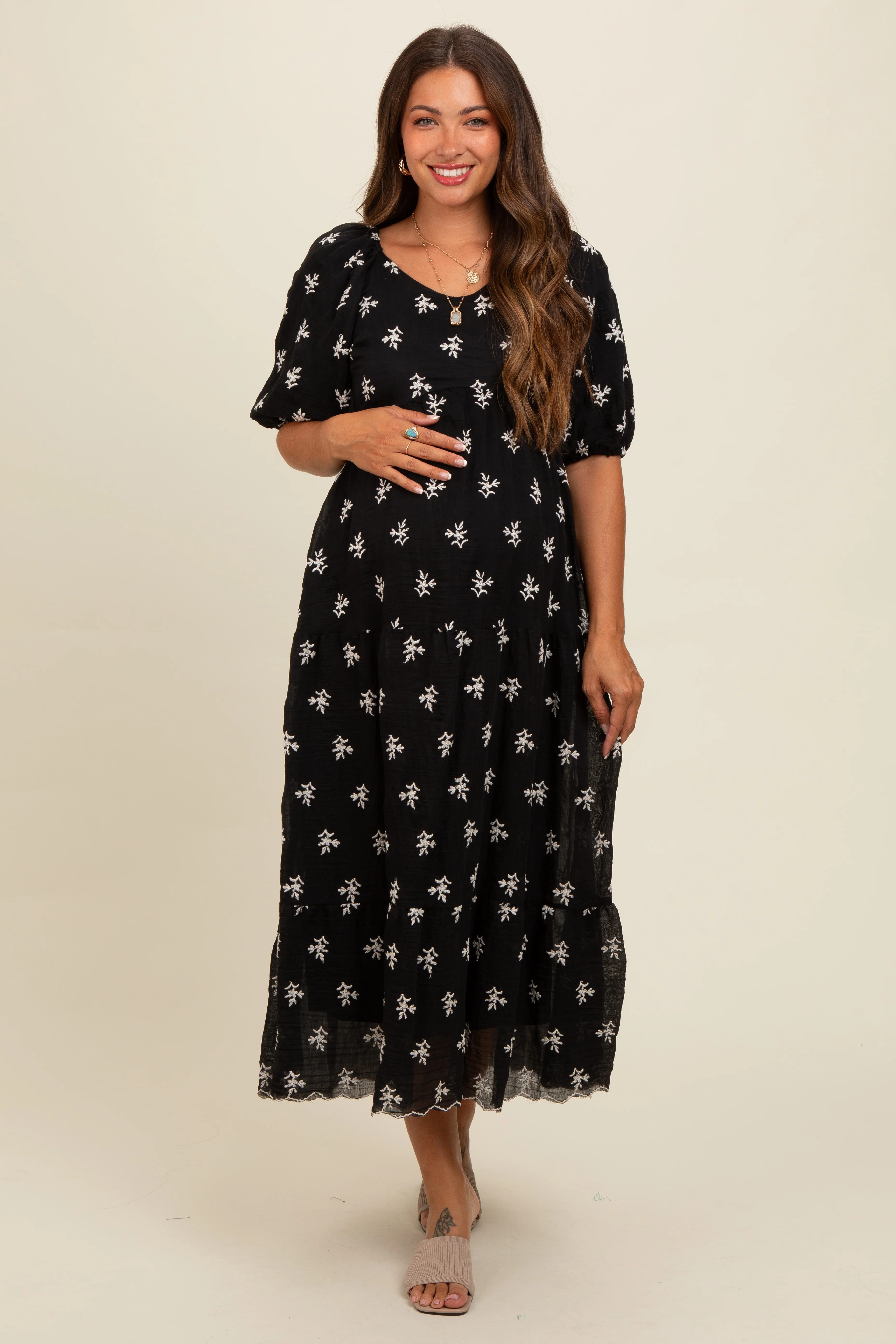 Black Floral Puff Sleeve Maternity Midi Dress - Image 2