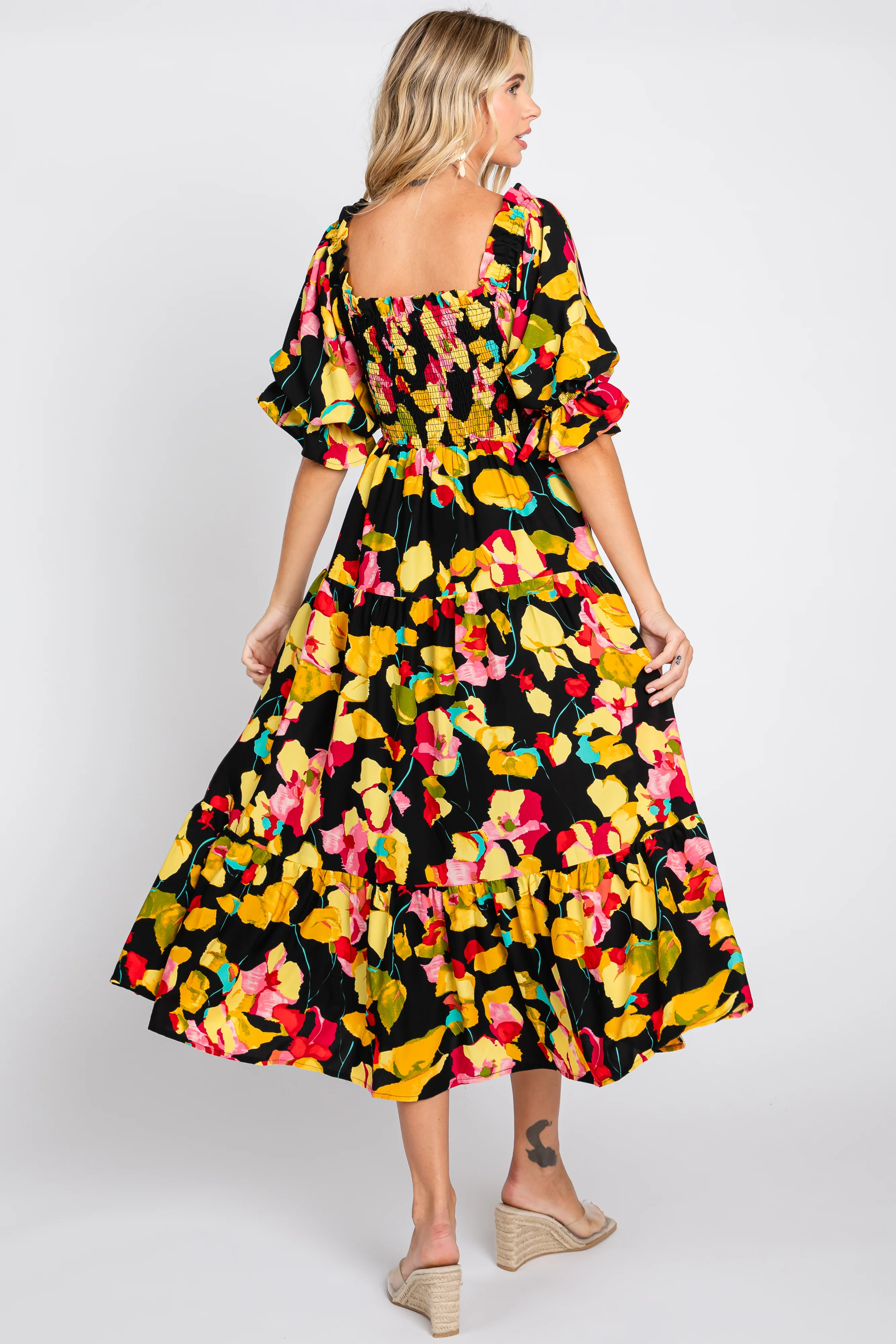 Black Floral Puff Sleeve Midi Dress - Image 3