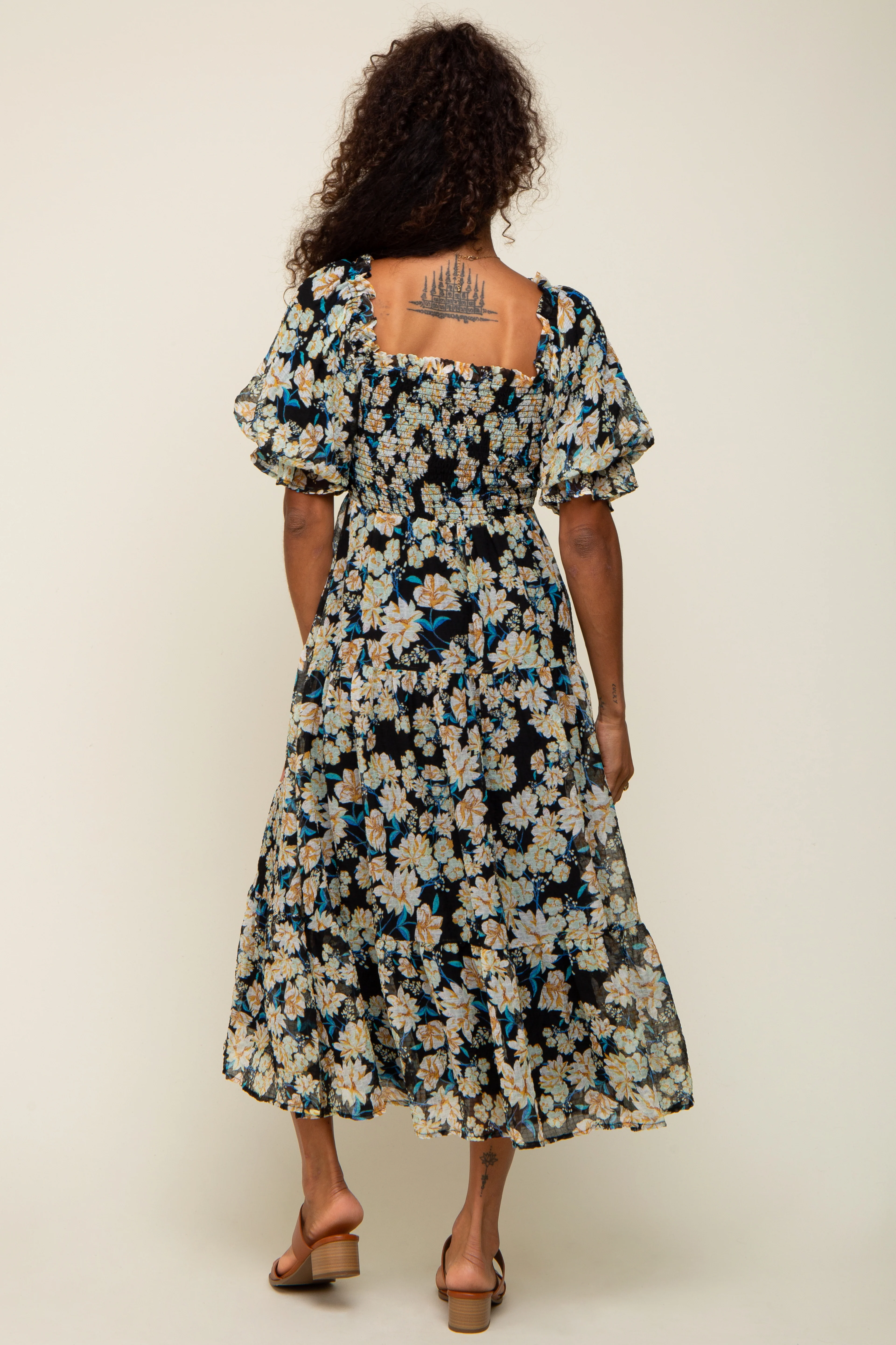 Black Floral Puff Sleeve Midi Dress - Image 3