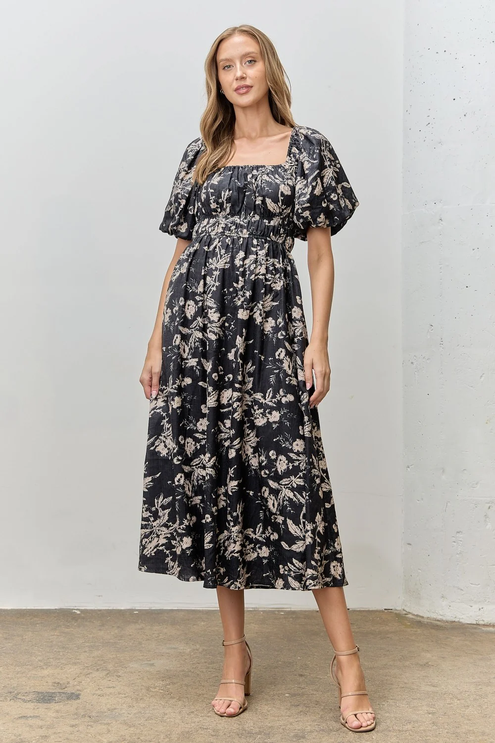 Black Floral Puff Sleeve Smocked Waist Maternity Midi Dress - Image 4