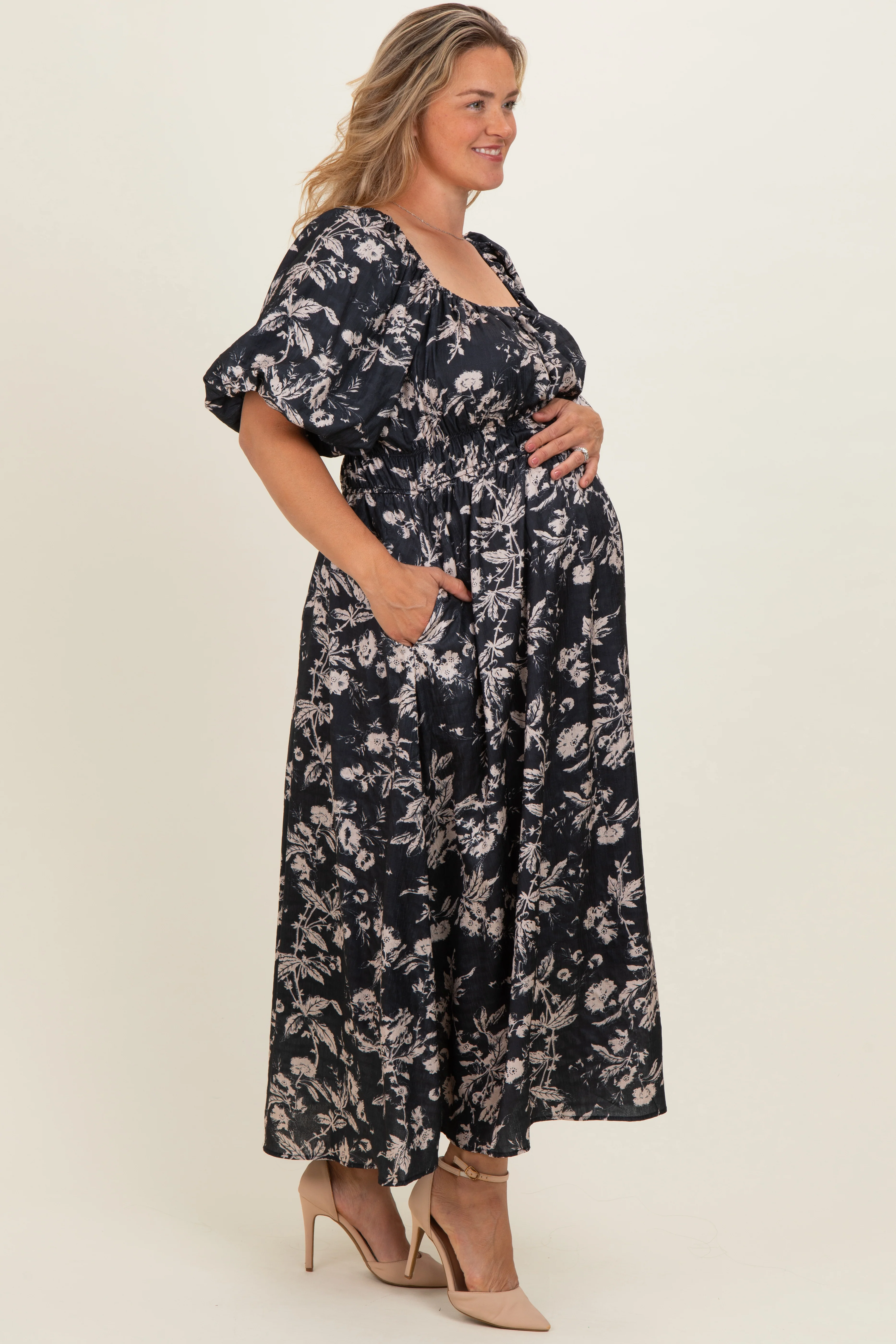 Black Floral Puff Sleeve Smocked Waist Maternity Plus Midi Dress - Image 3