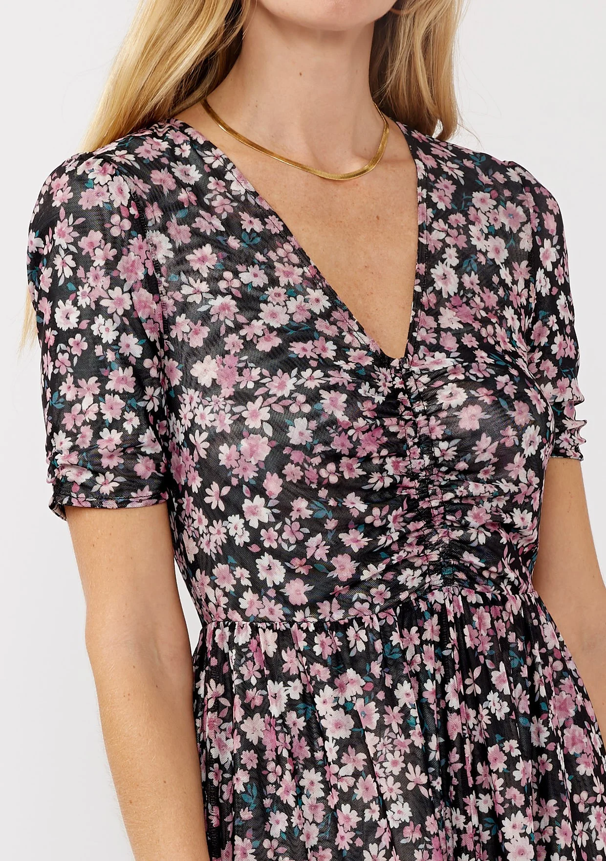 Black Floral Reversible Front Cinched Midi Dress - Image 4