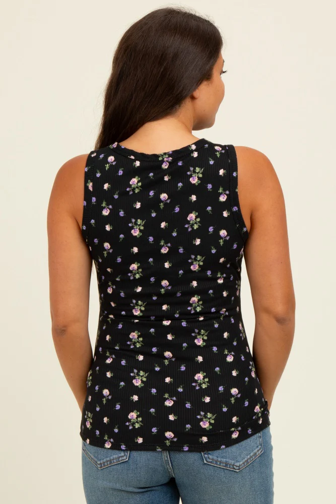 Black Floral Ribbed Button Front Maternity Tank Top - Image 4