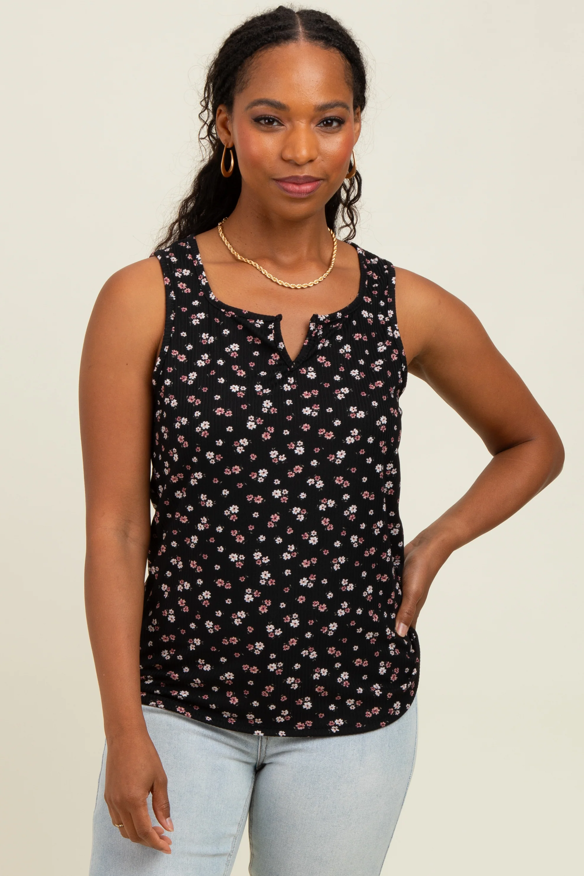 Black Floral Ribbed Split Neck Maternity Tank Top - Image 4