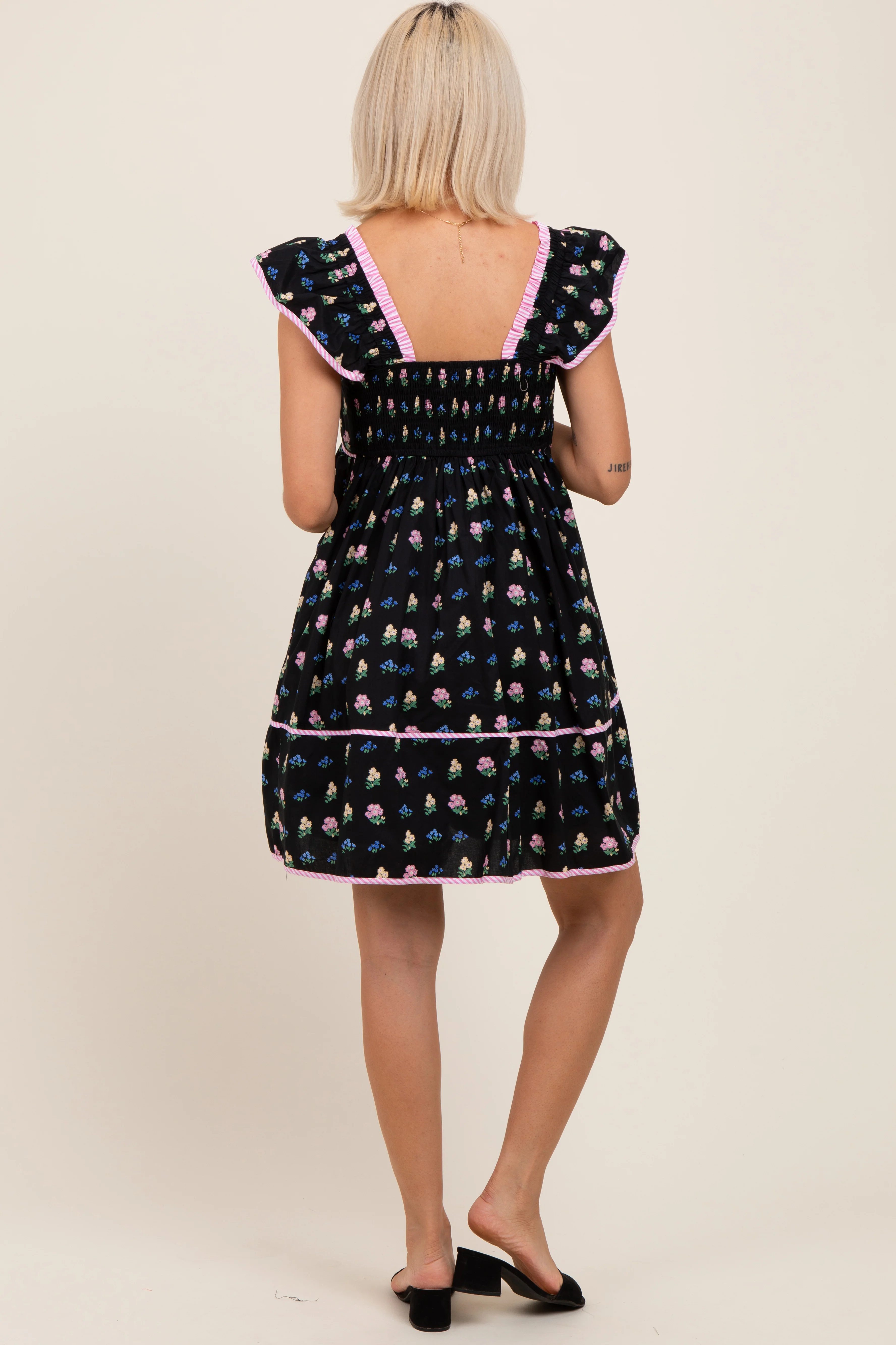 Black Floral Ruffle Strap Maternity Mini Dress - Image 2