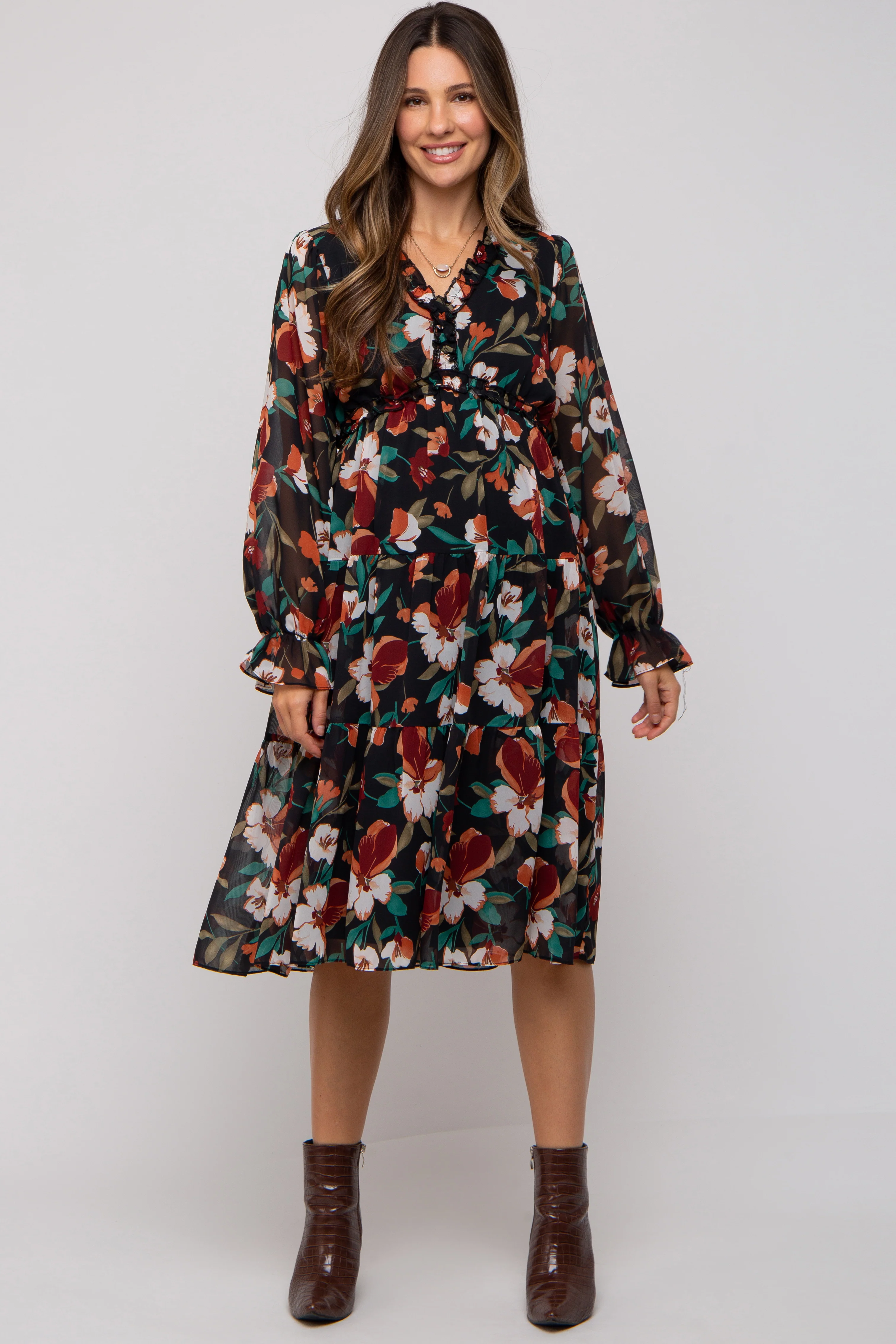 Black Floral Ruffle V-Neck Maternity Dress