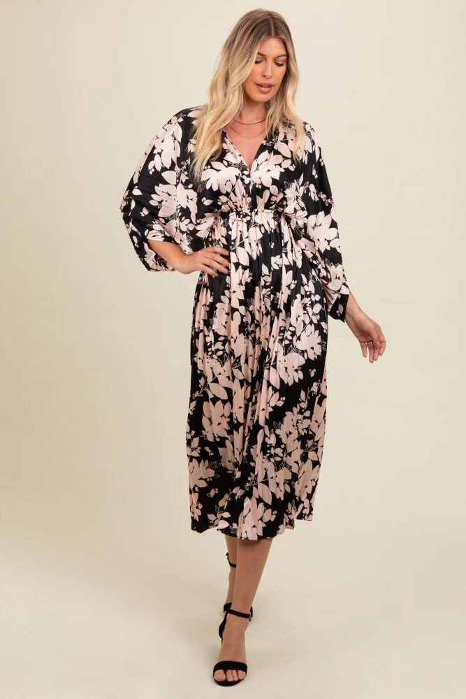 Black Floral Satin Pleated V-Neck Maxi Dress - Image 2