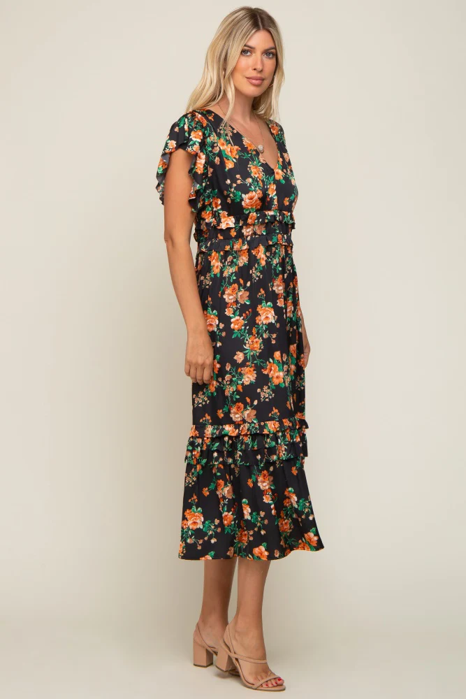 Black Floral Satin Ruffle Midi Dress - Image 2