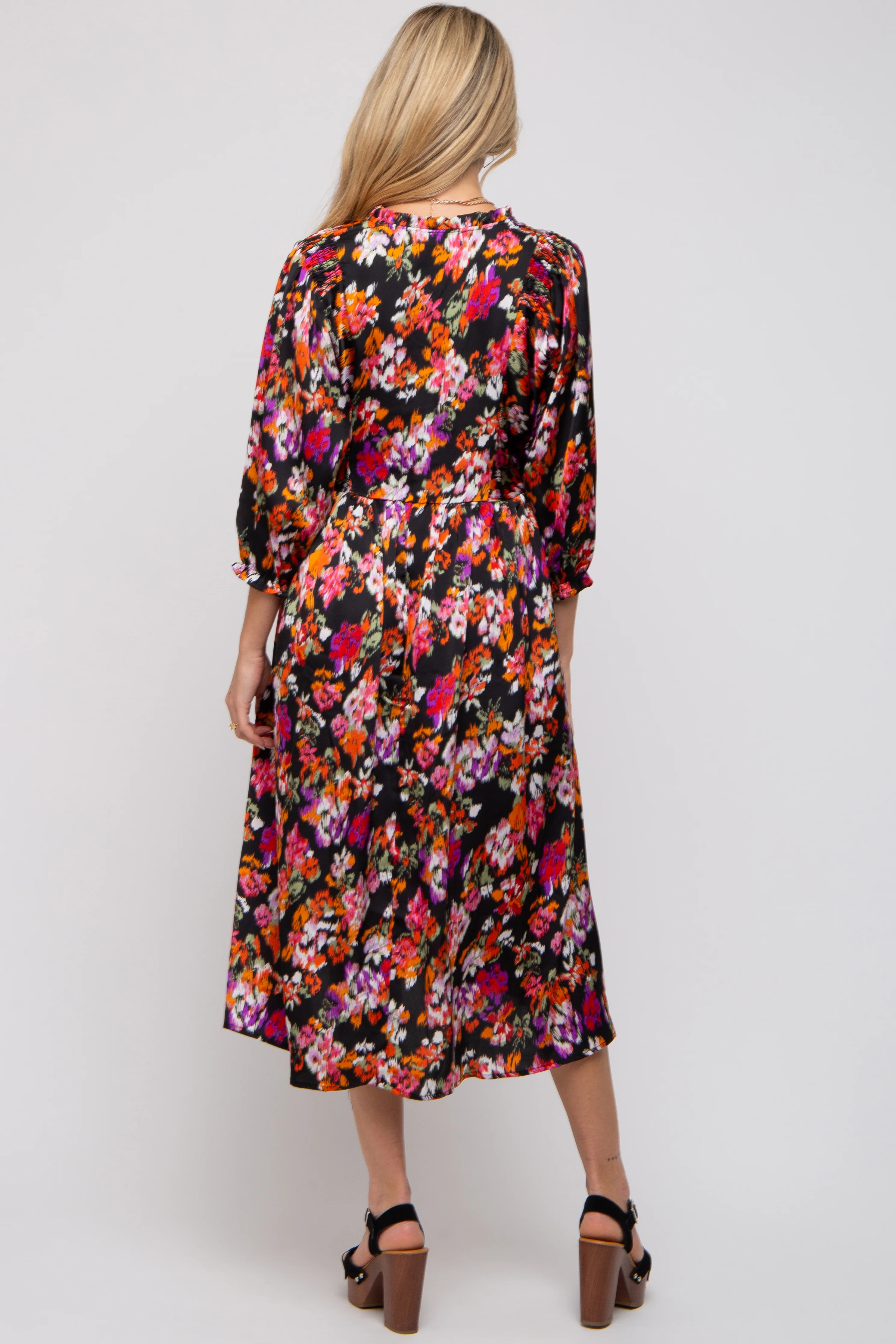 Black Floral Satin Ruffle Neck Maternity Midi Dress - Image 3