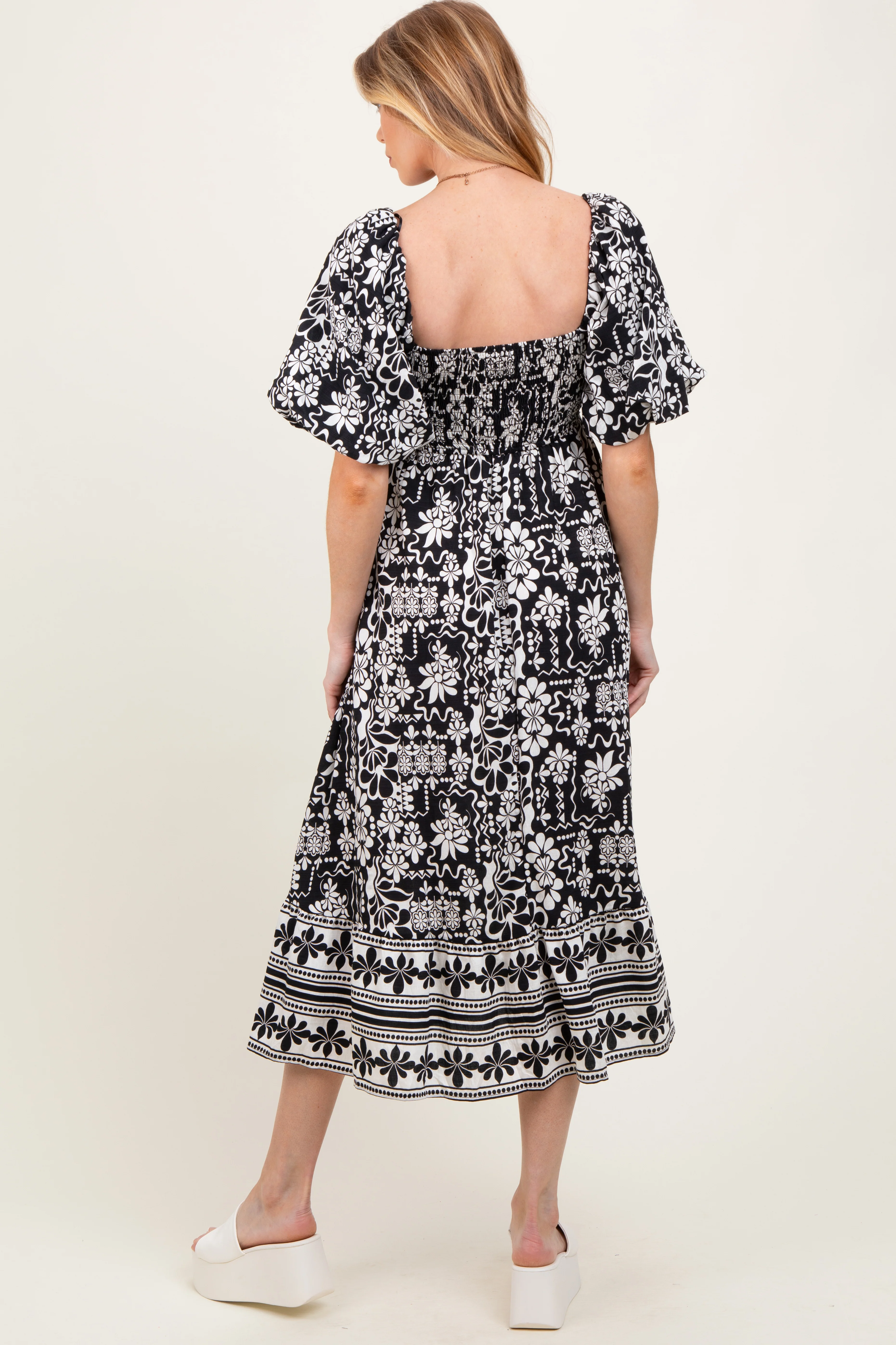 Black Floral Scallop Trim Maternity Midi Dress - Image 4