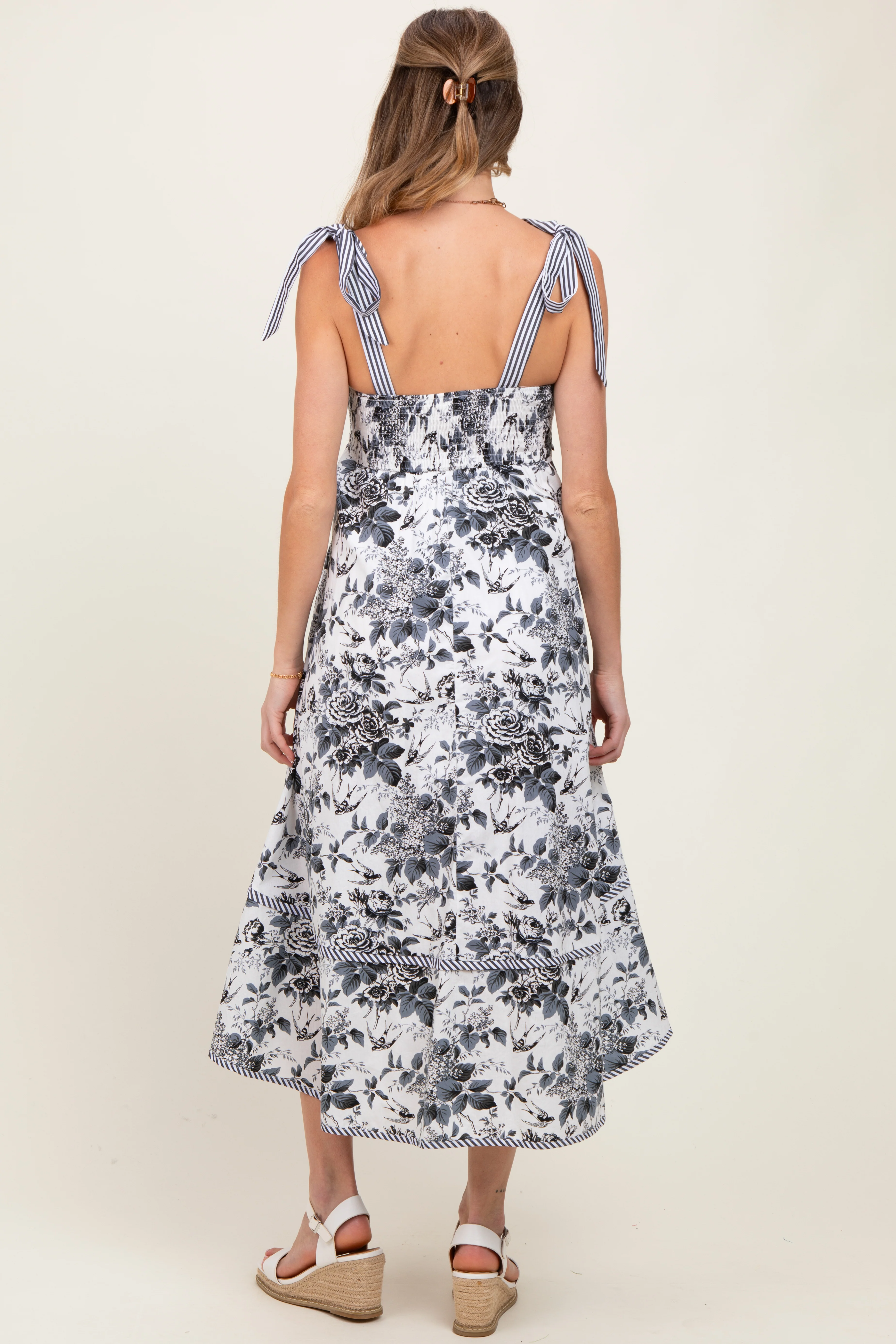 Black Floral Shoulder Tie Striped Trim Maternity Midi Dress - Image 4