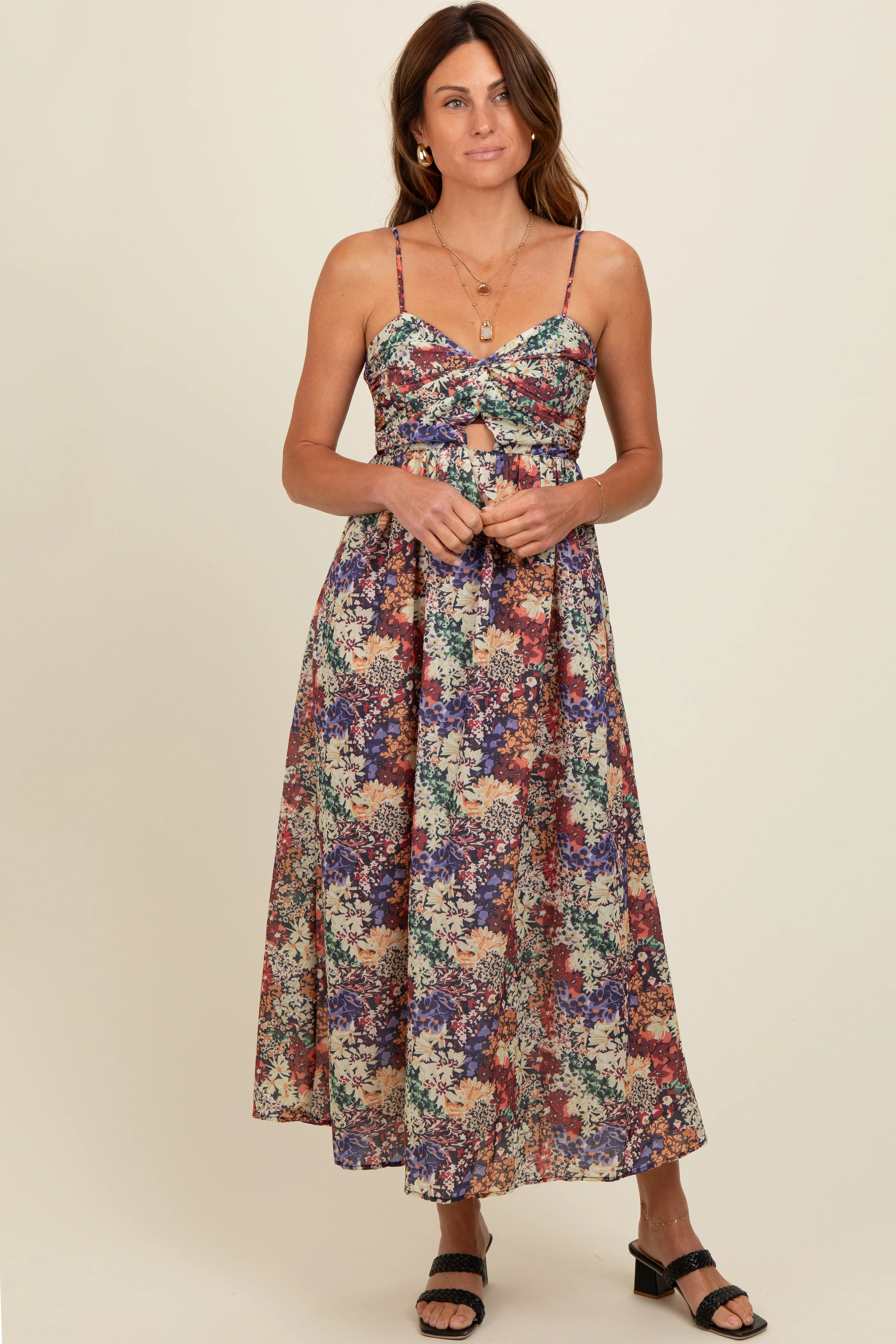 Black Floral Sleeveless Front Cutout Midi Dress - Image 2
