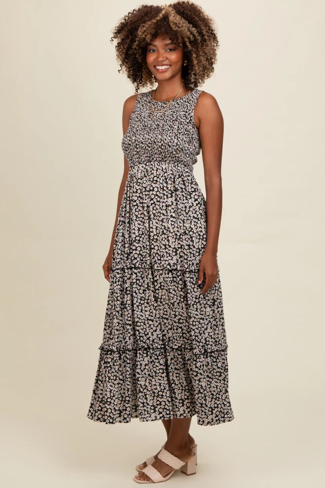Black Floral Sleeveless Ruffle Tiered Maxi Dress - Image 6