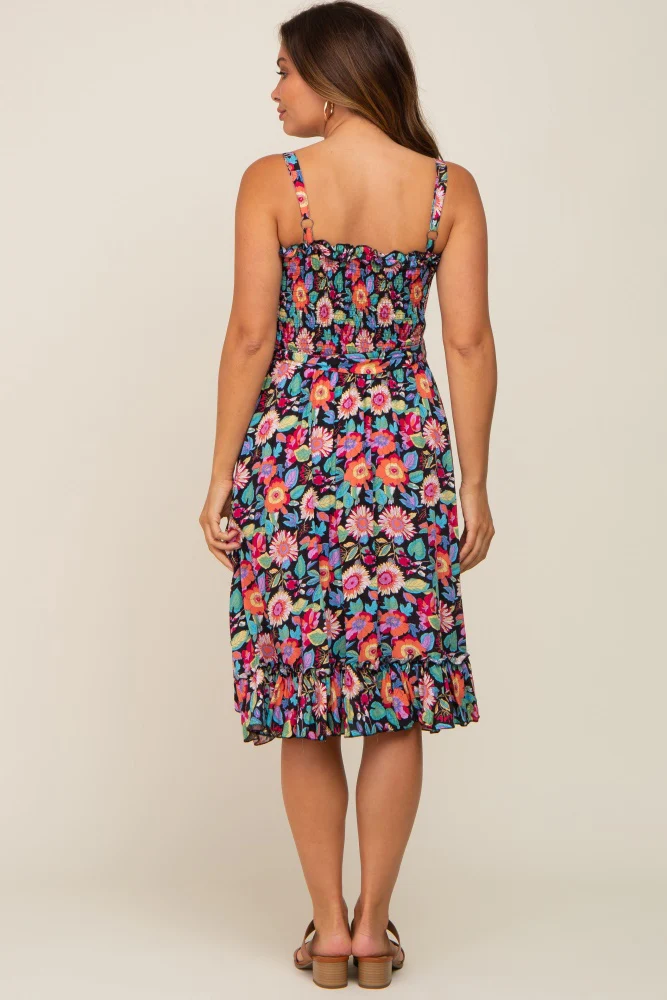 Black Floral Sleeveless Ruffled Maternity Dress - Image 4