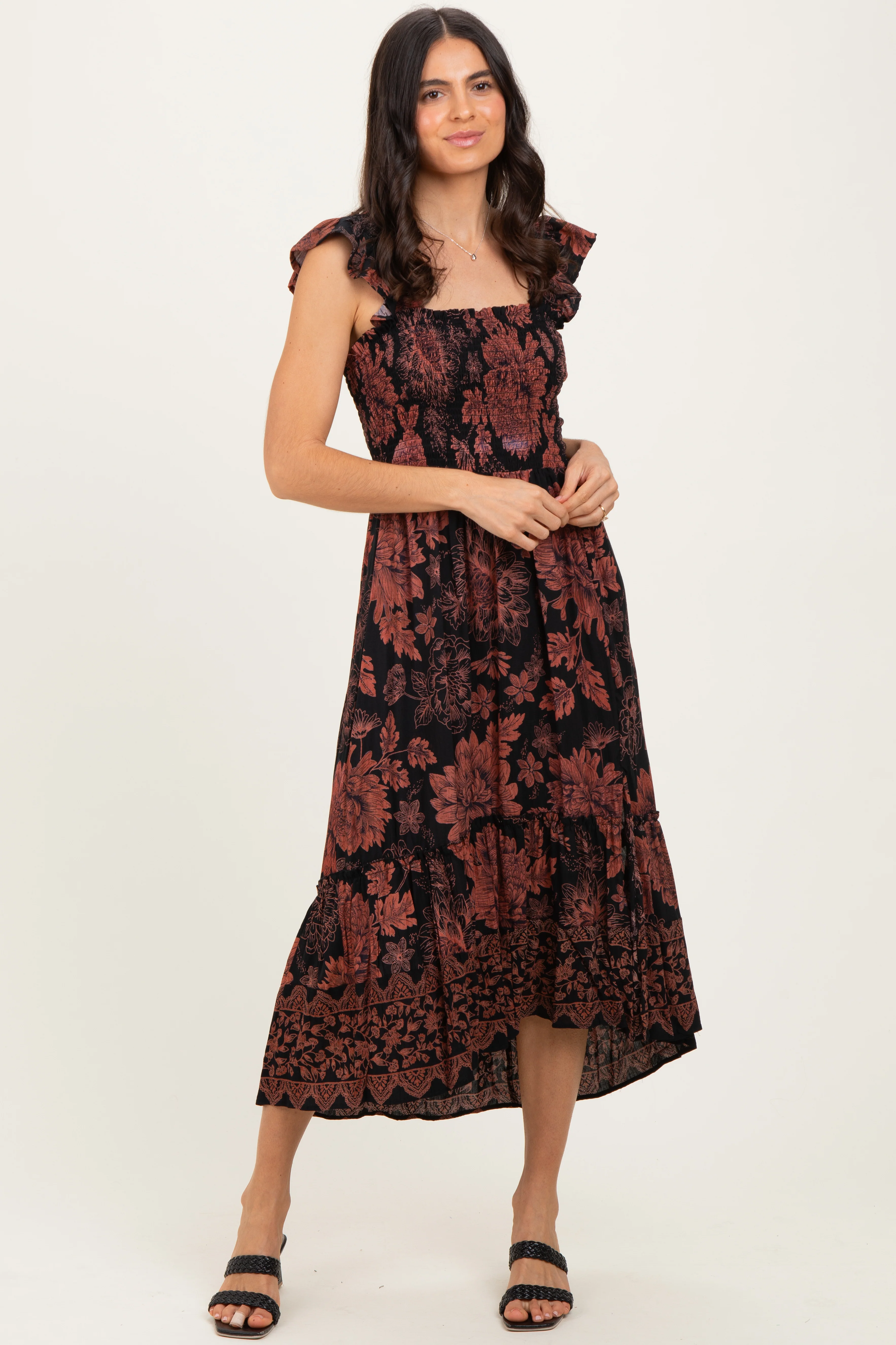 Black Floral Smocked Flutter Sleeve Maternity Midi Dress - Image 5