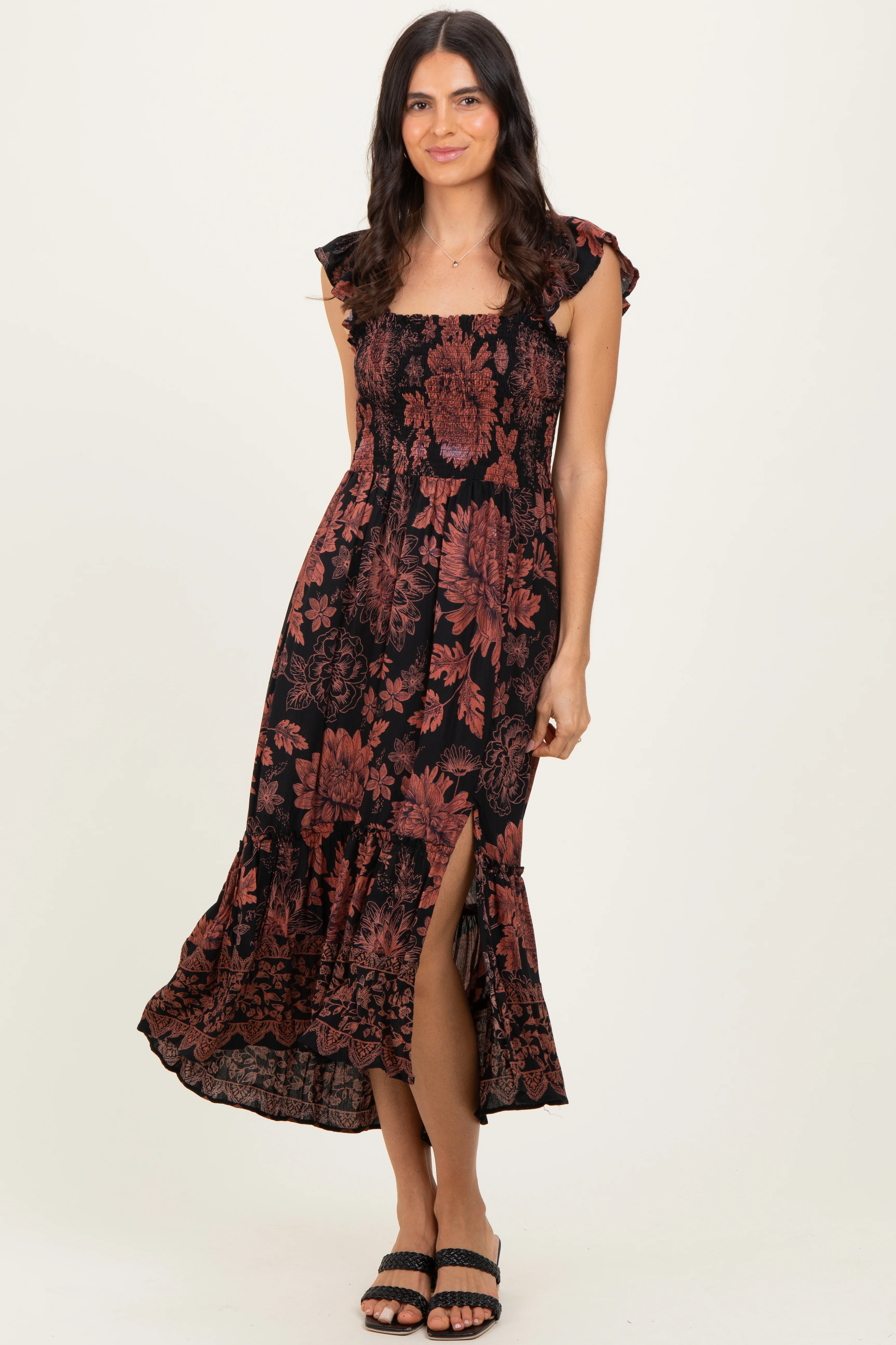 Black Floral Smocked Flutter Sleeve Midi Dress - Image 2