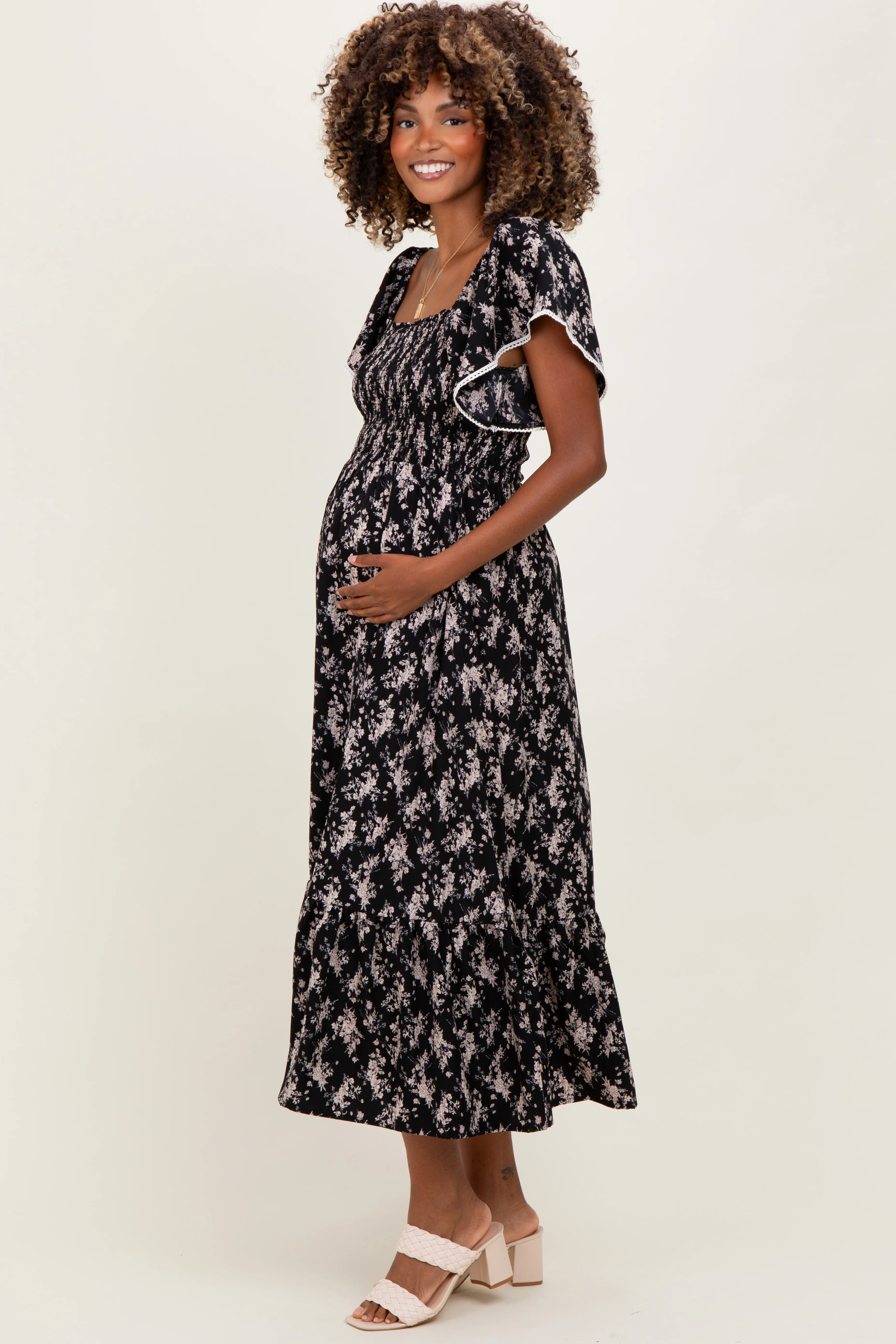 Black Floral Smocked Lace Trim Flutter Sleeve Maternity Midi Dress - Image 3