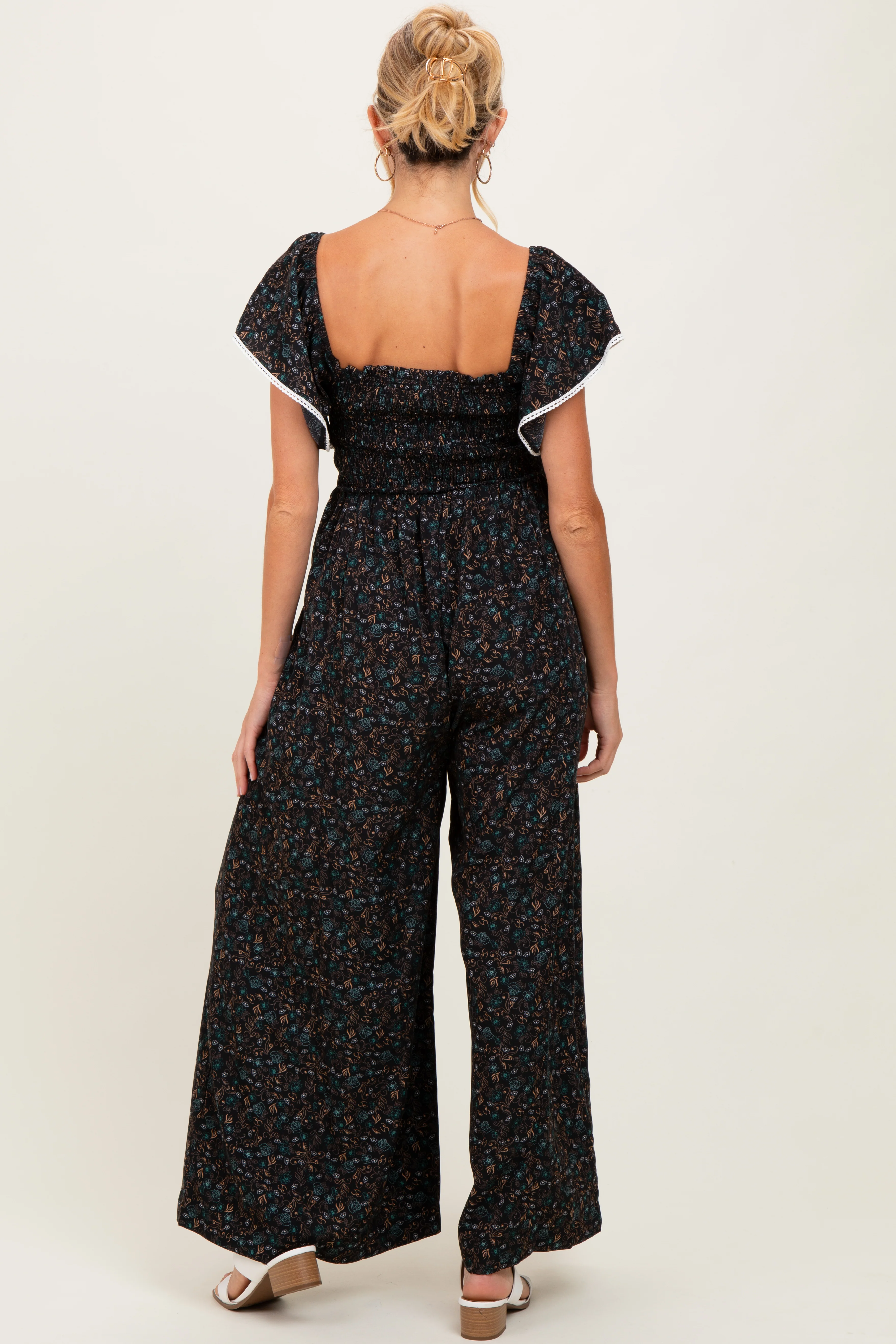 Black Floral Smocked Lace Trim Wide Leg Maternity Jumpsuit - Image 3